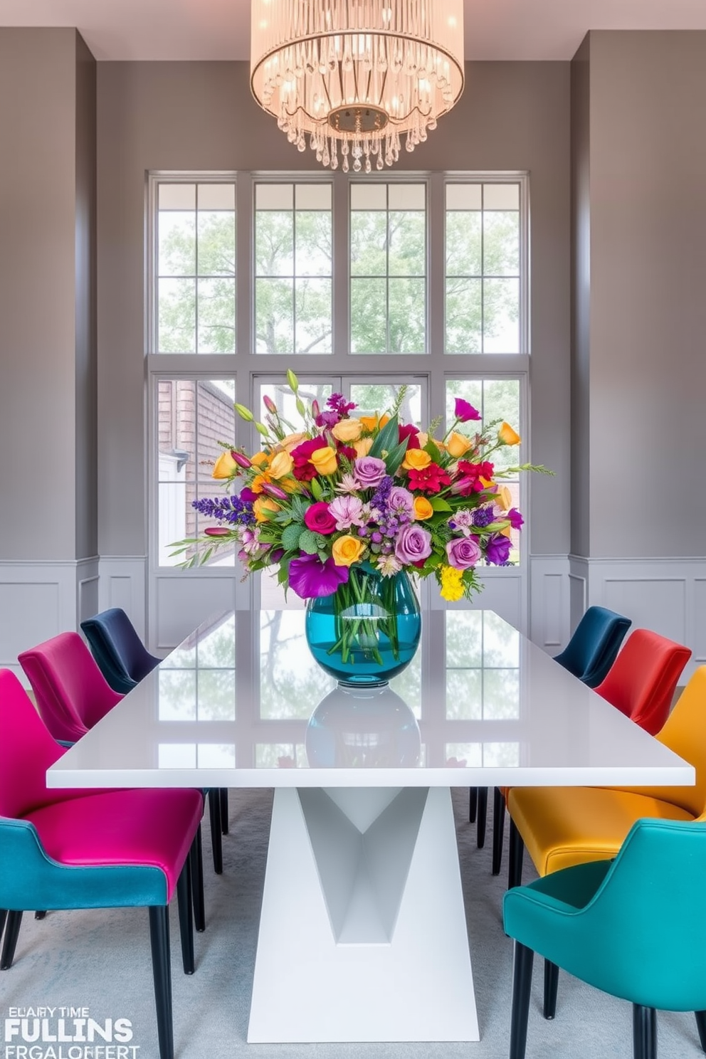 Colorful tableware is arranged on a sleek wooden dining table, featuring a mix of vibrant plates, bowls, and glasses that create a cheerful atmosphere. The room is adorned with modern art on the walls and soft pendant lighting that enhances the playful vibe. The dining chairs are upholstered in a variety of bold fabrics, adding texture and interest to the space. Large windows allow natural light to flood in, highlighting the lively colors and creating an inviting setting for gatherings.