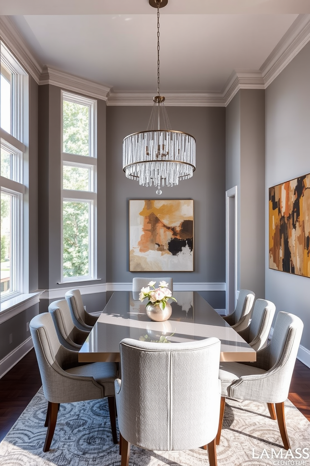 A contemporary dining room featuring a cohesive color scheme that blends soft grays and warm wood tones. The dining table is rectangular with a sleek, polished finish surrounded by upholstered chairs in a complementary fabric. Large windows allow natural light to flood the space, highlighting a statement chandelier above the table. The walls are adorned with abstract art that echoes the room's color palette, creating a harmonious and inviting atmosphere.