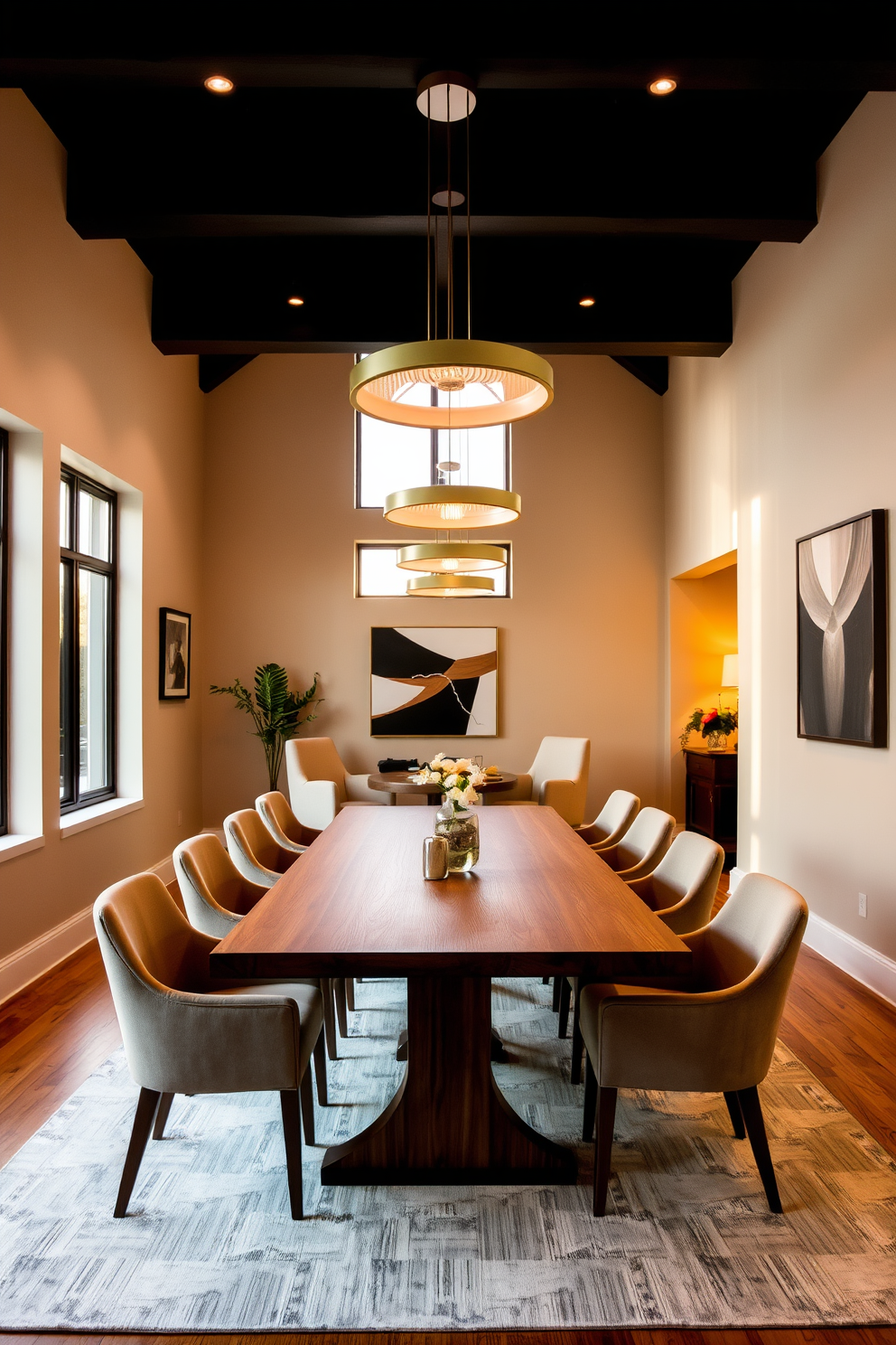 A contemporary dining room with warm lighting that creates an inviting ambiance. The centerpiece is a sleek wooden dining table surrounded by upholstered chairs in soft tones. Large windows allow natural light to filter in, complemented by elegant pendant lights hanging above the table. The walls are adorned with tasteful artwork that enhances the room's modern aesthetic.