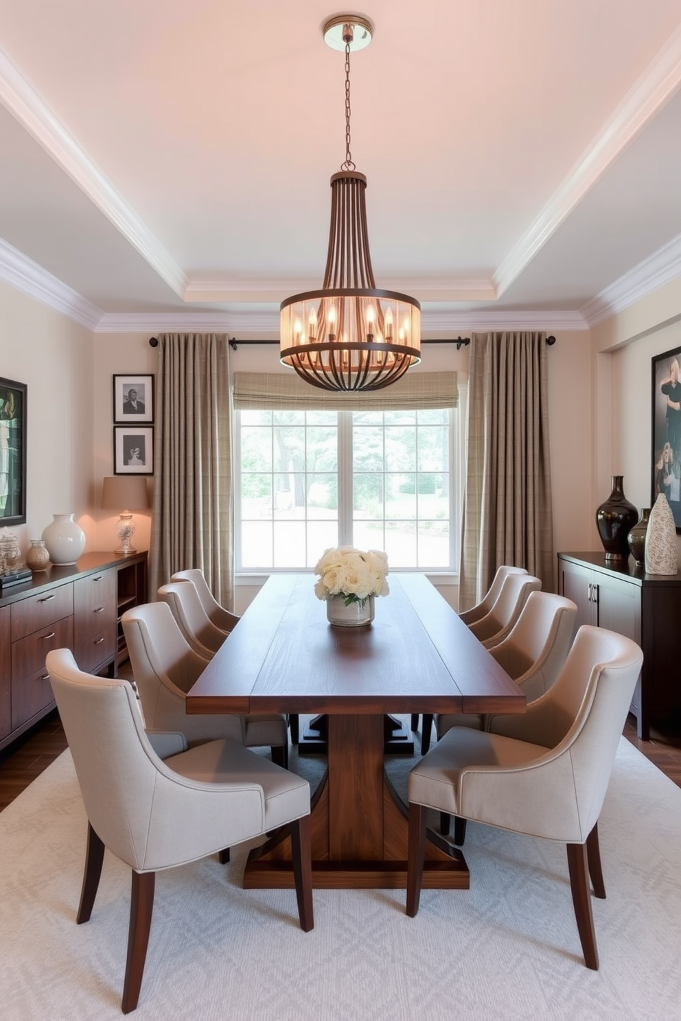 A large round table is the centerpiece of a contemporary dining room, surrounded by plush upholstered chairs in a muted color palette. The walls are adorned with abstract art, and a modern chandelier hangs overhead, casting a warm glow over the space.