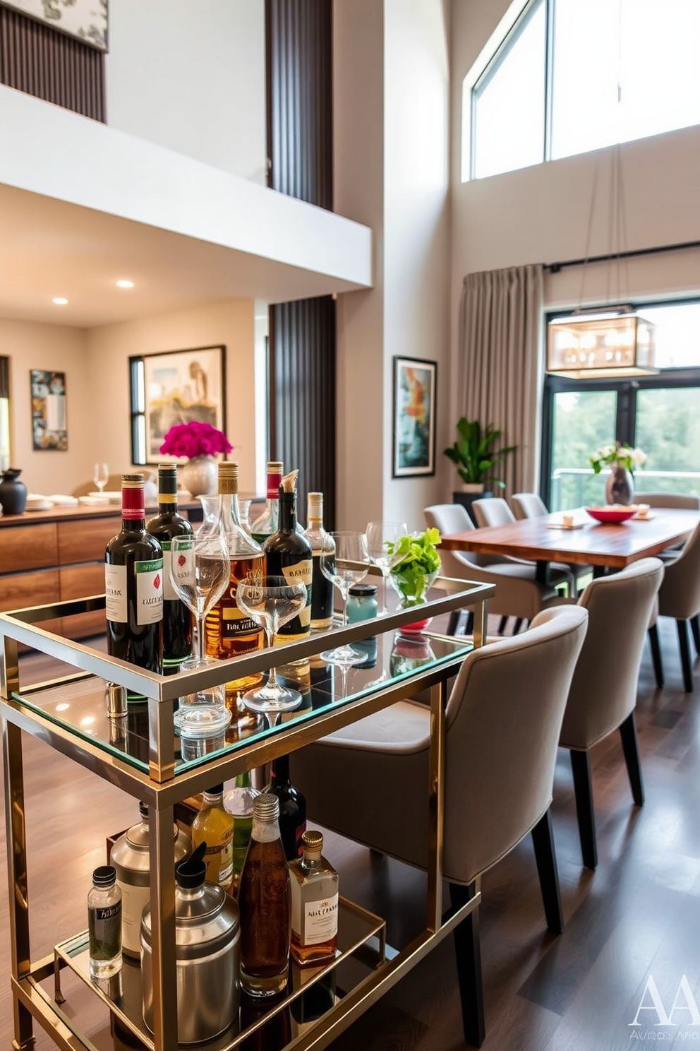 A contemporary dining room featuring a sleek glass table surrounded by vintage wooden chairs with intricate carvings. The walls are adorned with abstract art, and a statement chandelier hangs above, casting a warm glow over the space. In one corner, a retro sideboard displays an array of colorful dishware, adding a pop of personality. Large windows allow natural light to flood in, enhancing the room's inviting atmosphere with a view of a lush garden outside.