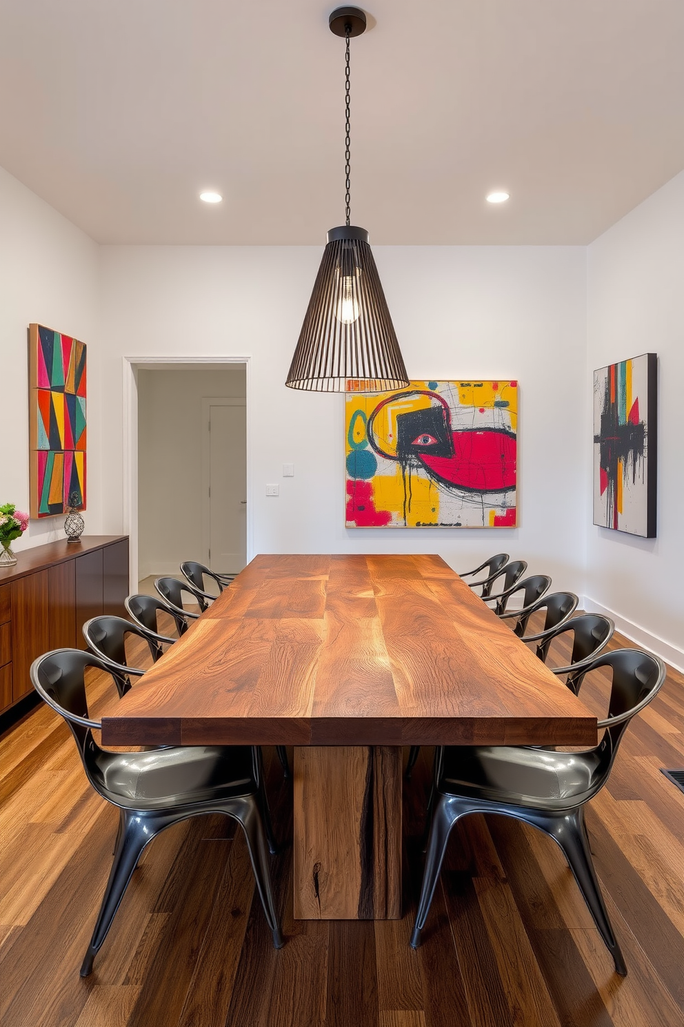 A contemporary dining room design featuring a large rectangular table made of reclaimed wood surrounded by sleek metal chairs. The walls are adorned with vibrant contemporary art pieces that spark conversation, while a statement pendant light hangs above the table to create an inviting atmosphere.