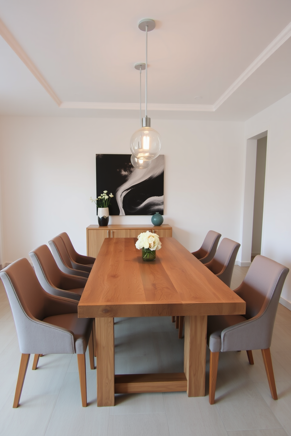 A contemporary dining room featuring warm wood tones throughout the space. The dining table is crafted from rich oak and surrounded by elegant upholstered chairs in soft beige. Large windows allow natural light to flood the room, highlighting the warm hues of the wooden flooring. A statement chandelier hangs above the table, adding a modern touch to the inviting atmosphere.