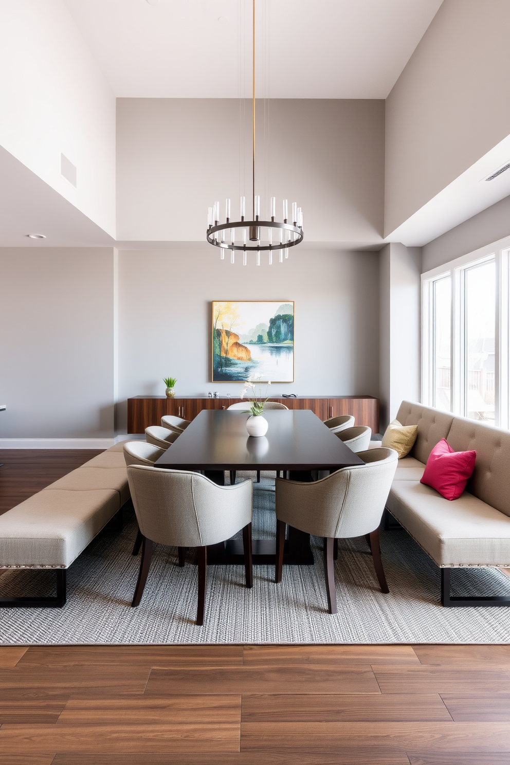 A contemporary dining room features an innovative seating arrangement that includes a mix of upholstered chairs and sleek benches around a large rectangular table. The space is illuminated by a modern chandelier that hangs above, creating a warm and inviting atmosphere. The walls are painted in a soft gray hue, complemented by artwork that adds a pop of color. Large windows allow natural light to flood the room, enhancing the overall brightness and openness of the design.