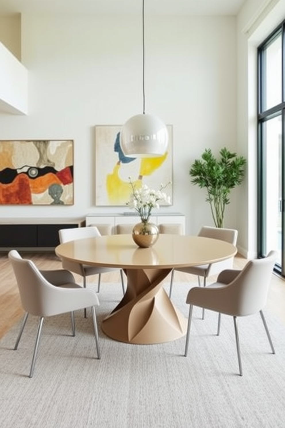 A contemporary dining room featuring a round table with a sculptural base that serves as a striking focal point. Surrounding the table are sleek modern chairs upholstered in a soft fabric, creating an inviting atmosphere for dining. The walls are adorned with abstract artwork that complements the color palette of the room. Large windows allow natural light to flood in, enhancing the open and airy feel of the space.