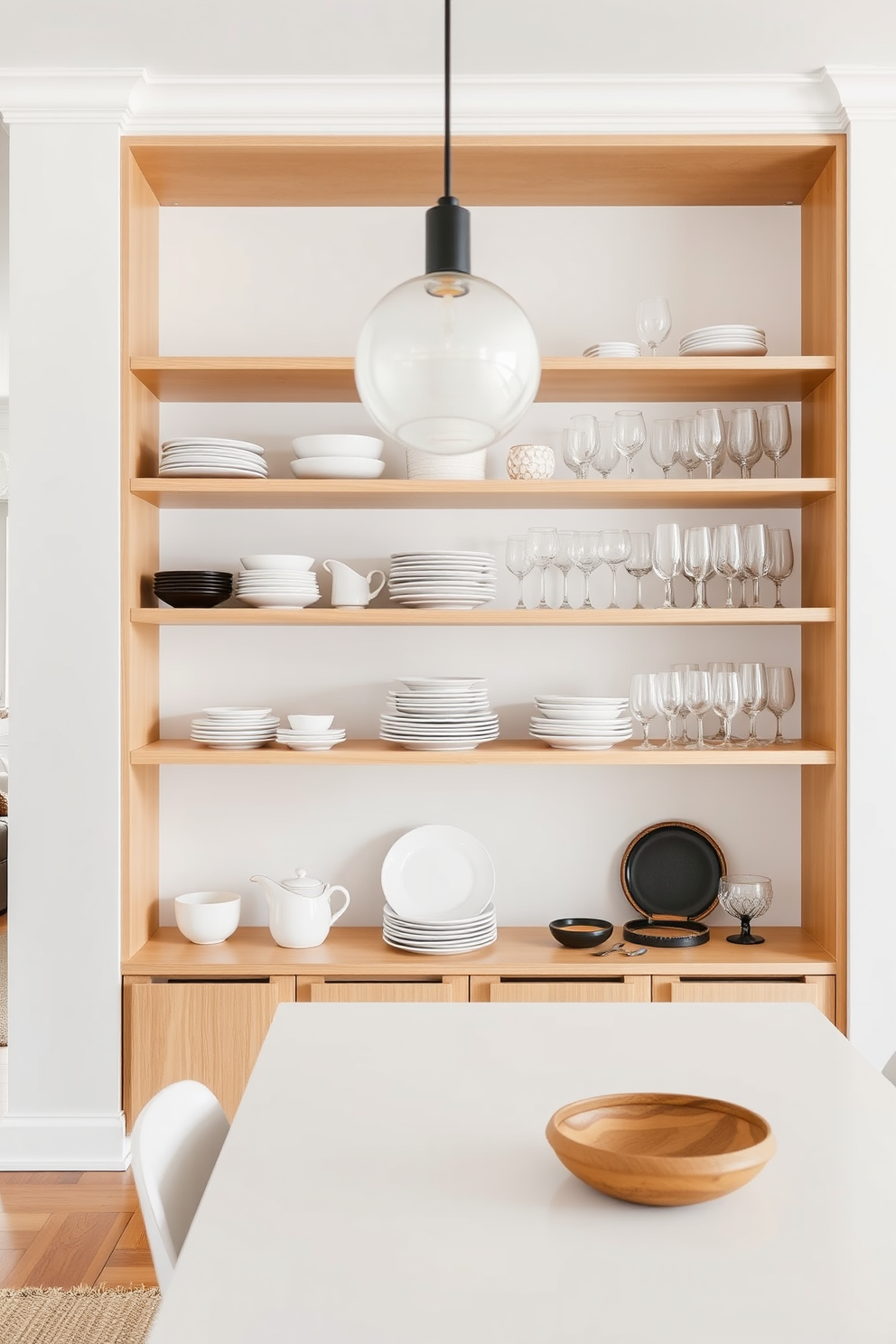 A contemporary dining room features open shelving that elegantly displays an array of stylish dishes and glassware. The shelves are made of light wood, creating a warm contrast against the sleek white walls and modern dining table.