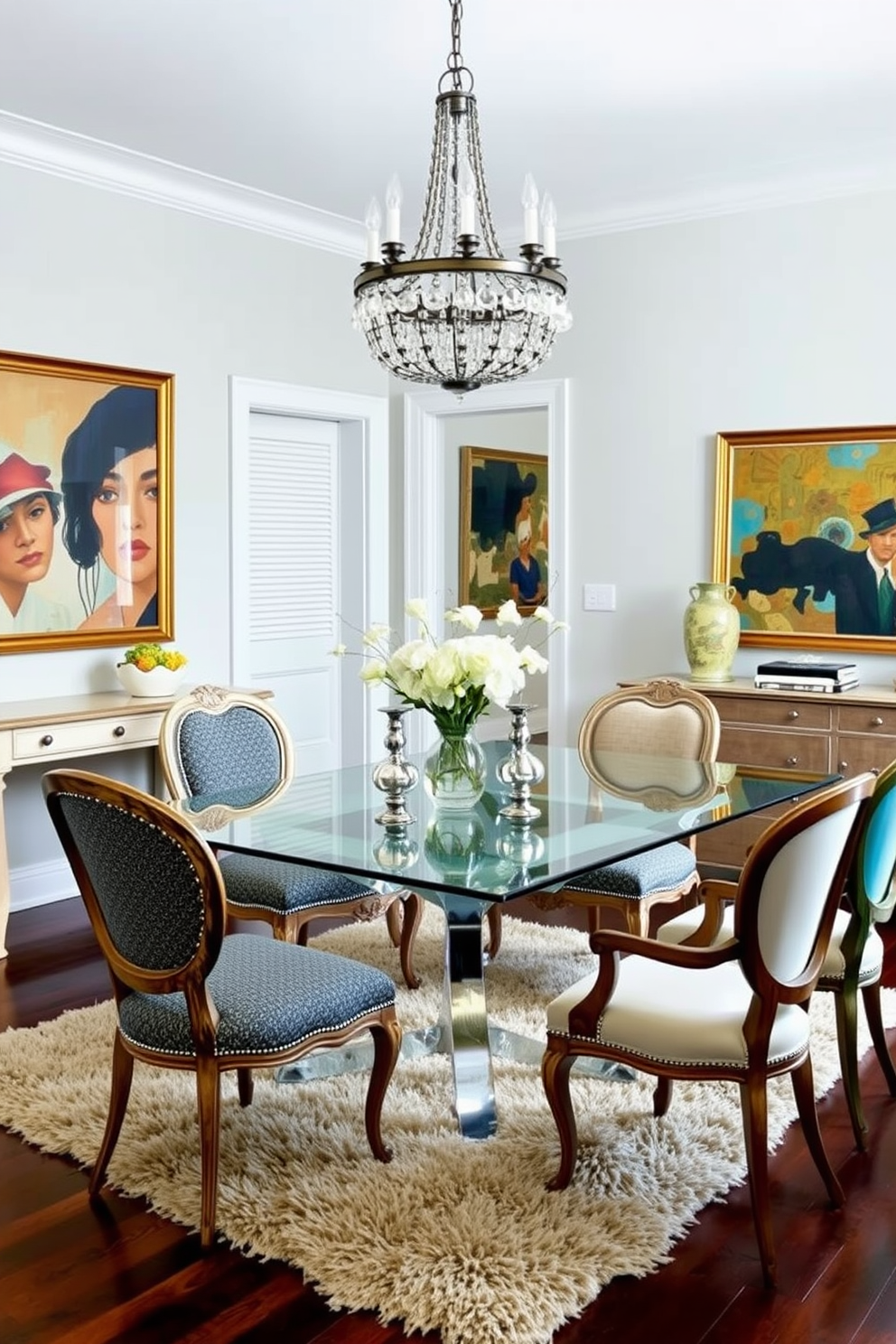 A contemporary dining room featuring a blend of vintage and modern furniture pieces. A sleek glass dining table is surrounded by mismatched antique chairs, each with unique upholstery that complements the overall color scheme. A statement chandelier hangs above the table, adding an artistic touch to the space. The walls are adorned with abstract art, and a plush area rug anchors the seating arrangement, enhancing the room's inviting atmosphere.