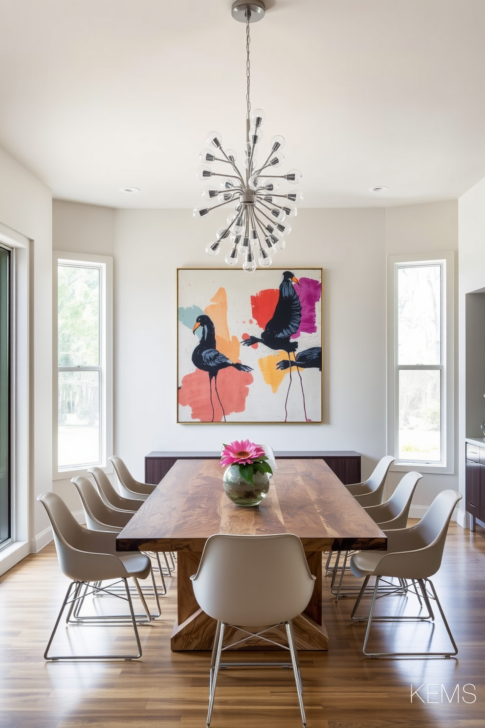 A contemporary dining room featuring a monochromatic color scheme with shades of gray and white. Bold pops of color are introduced through vibrant artwork on the walls and colorful table settings. The dining table is a sleek, rectangular design made of glass with modern metal legs. Surrounding the table are stylish chairs upholstered in a rich teal fabric, adding a striking contrast to the overall aesthetic.