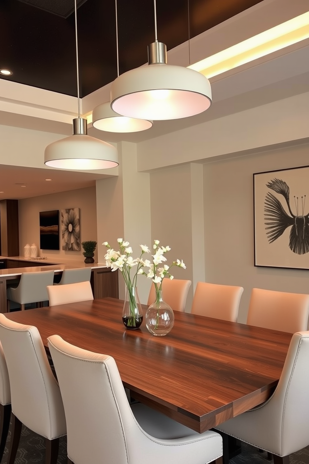 A contemporary dining room featuring layered lighting with dimmable options creates an inviting atmosphere. A sleek wooden dining table is surrounded by upholstered chairs in a neutral tone, while pendant lights hang above, providing adjustable illumination.