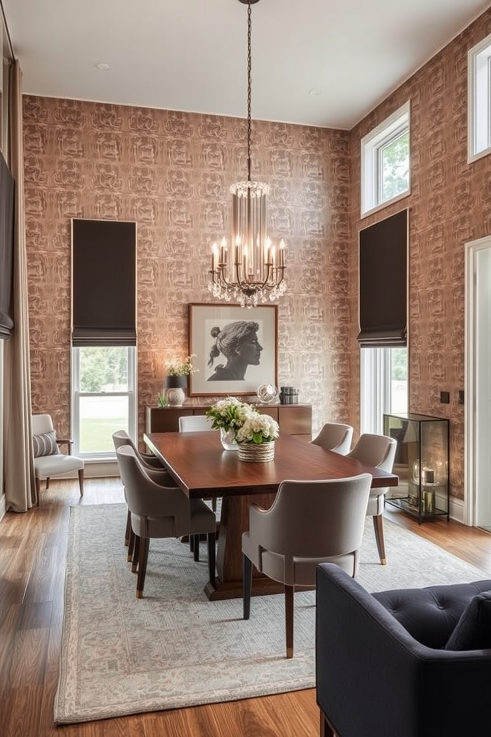 A contemporary dining room featuring textured wallpaper that adds depth and character to the space. The room is adorned with a sleek wooden dining table surrounded by upholstered chairs in neutral tones. A statement chandelier hangs above the table, providing warm ambient lighting. Large windows allow natural light to flood the room, highlighting the elegant decor and inviting atmosphere.