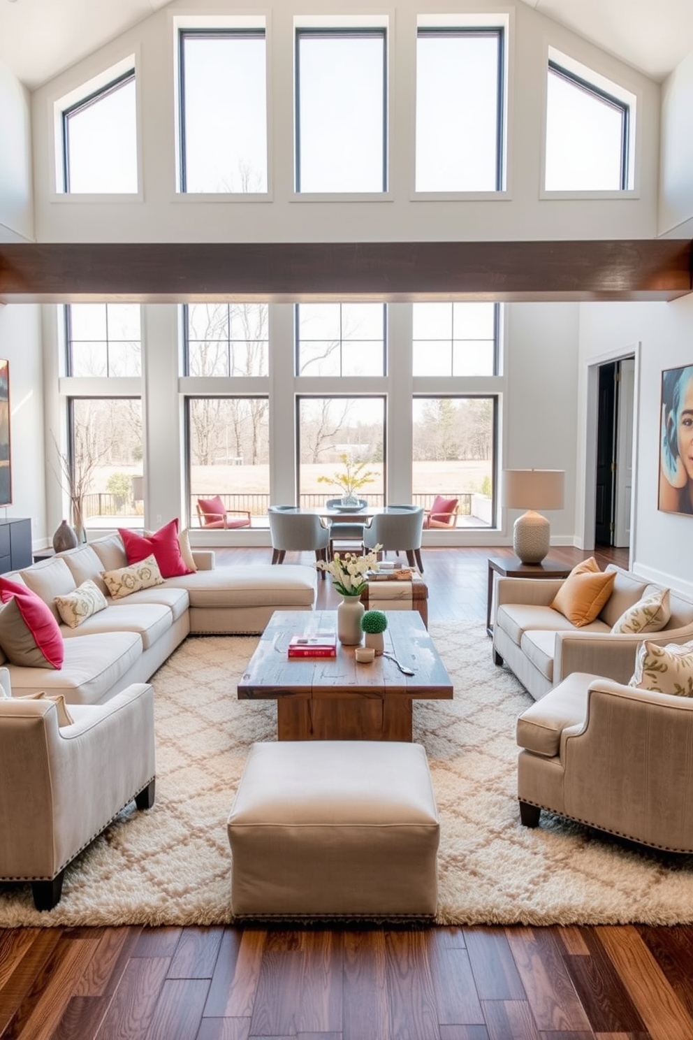 Open concept layout with large windows allowing abundant natural light to flood the space. The family room features a cozy sectional sofa in soft neutral tones paired with vibrant accent pillows. A sleek coffee table made of reclaimed wood sits in the center, surrounded by stylish armchairs. The walls are adorned with tasteful artwork, and a plush area rug anchors the seating area.