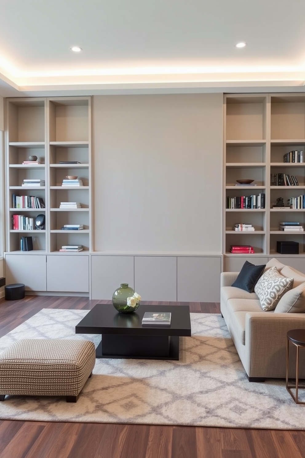 A contemporary family room features built-in shelves that seamlessly blend into the wall, providing ample storage and display space for books and decorative items. The room is designed with a cozy sectional sofa, a sleek coffee table, and a large area rug that ties the space together.