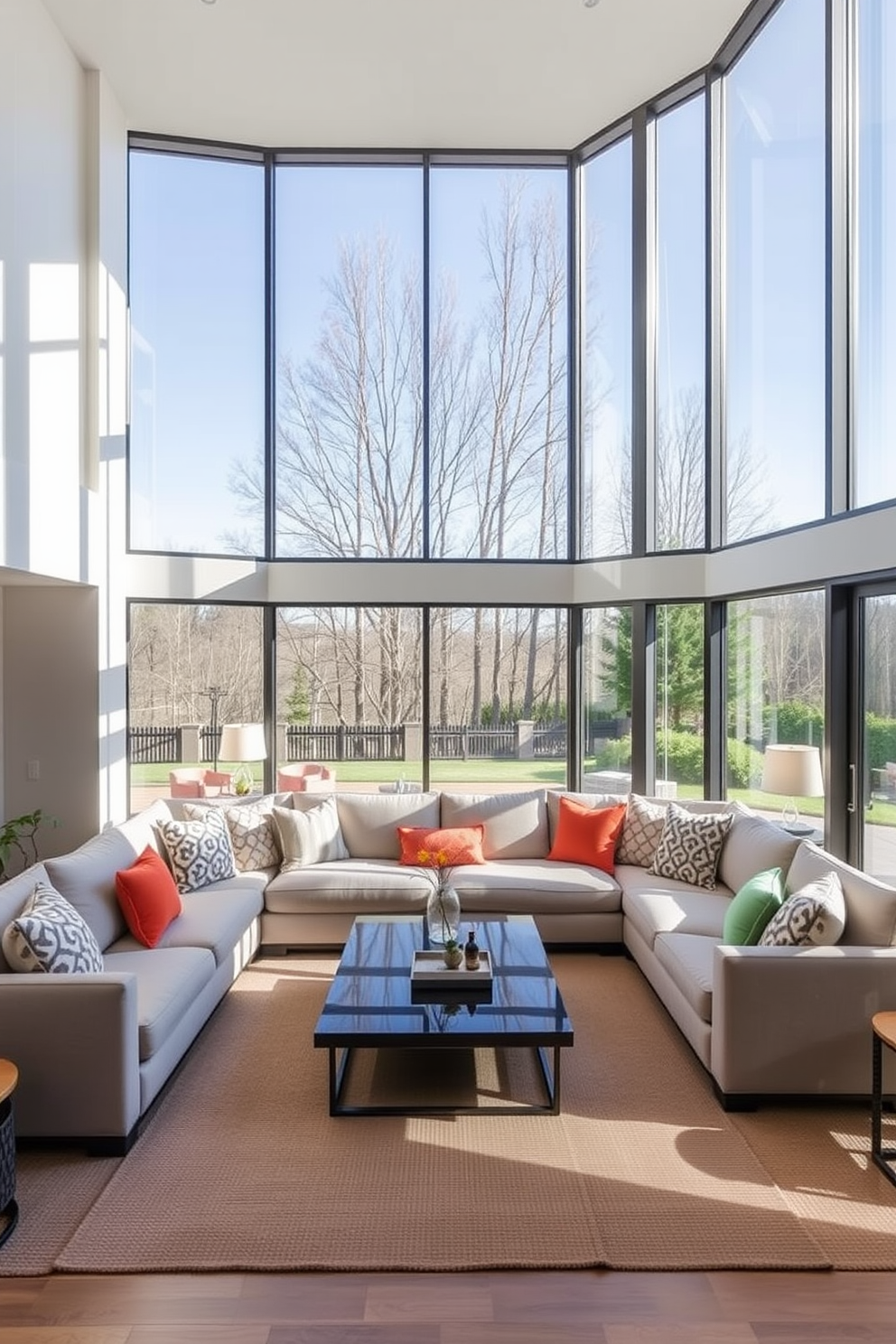 A contemporary family room featuring floor-to-ceiling windows that flood the space with natural light. The room is designed with a cozy sectional sofa in neutral tones, complemented by vibrant throw pillows and a sleek coffee table at the center.