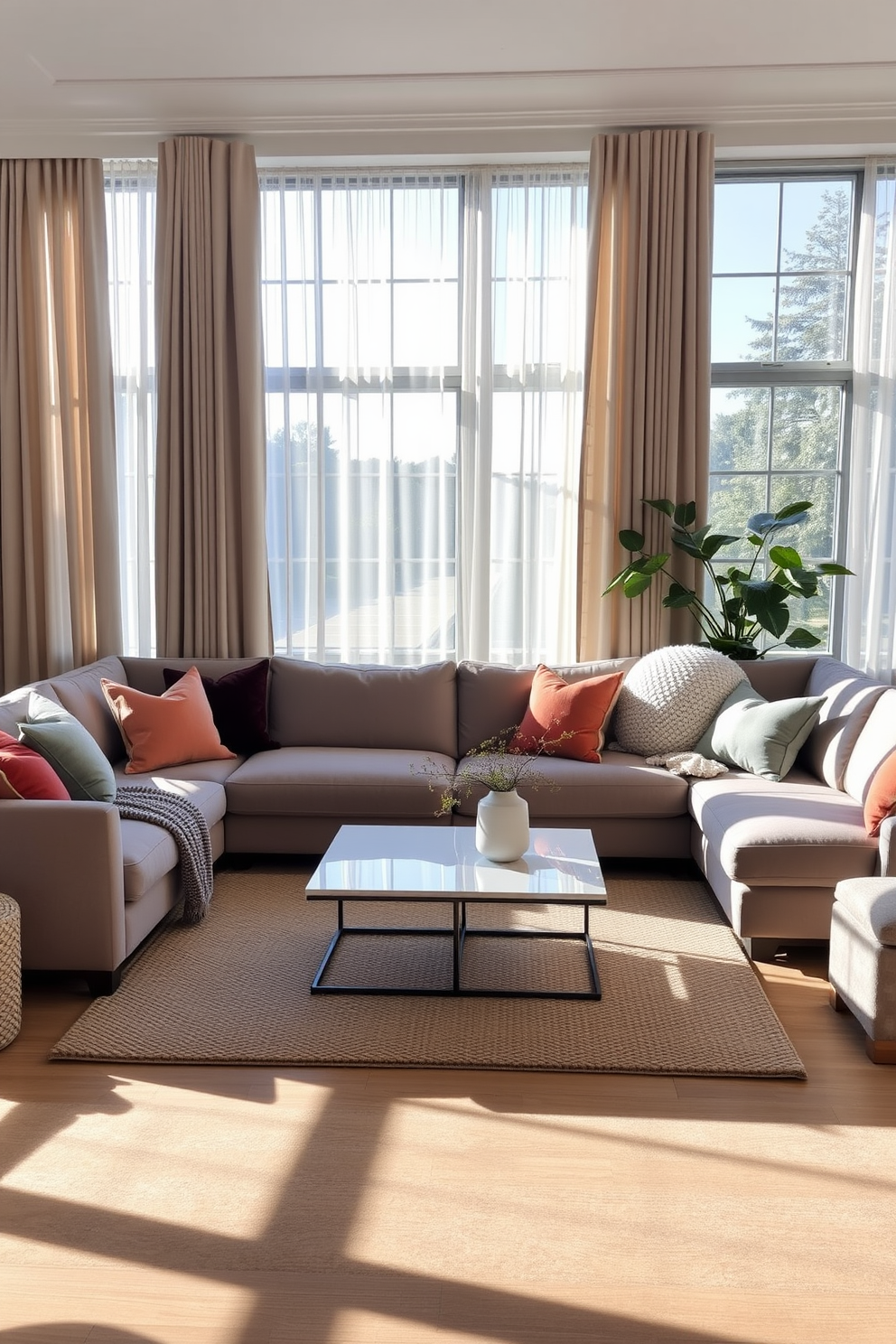 A contemporary family room featuring soft fabrics like velvet and linen. The space includes a plush sectional sofa in a muted color, accented with vibrant throw pillows and a cozy knitted blanket. Natural light floods the room through large windows adorned with sheer curtains. A stylish coffee table sits in the center, surrounded by a textured area rug that adds warmth to the space.