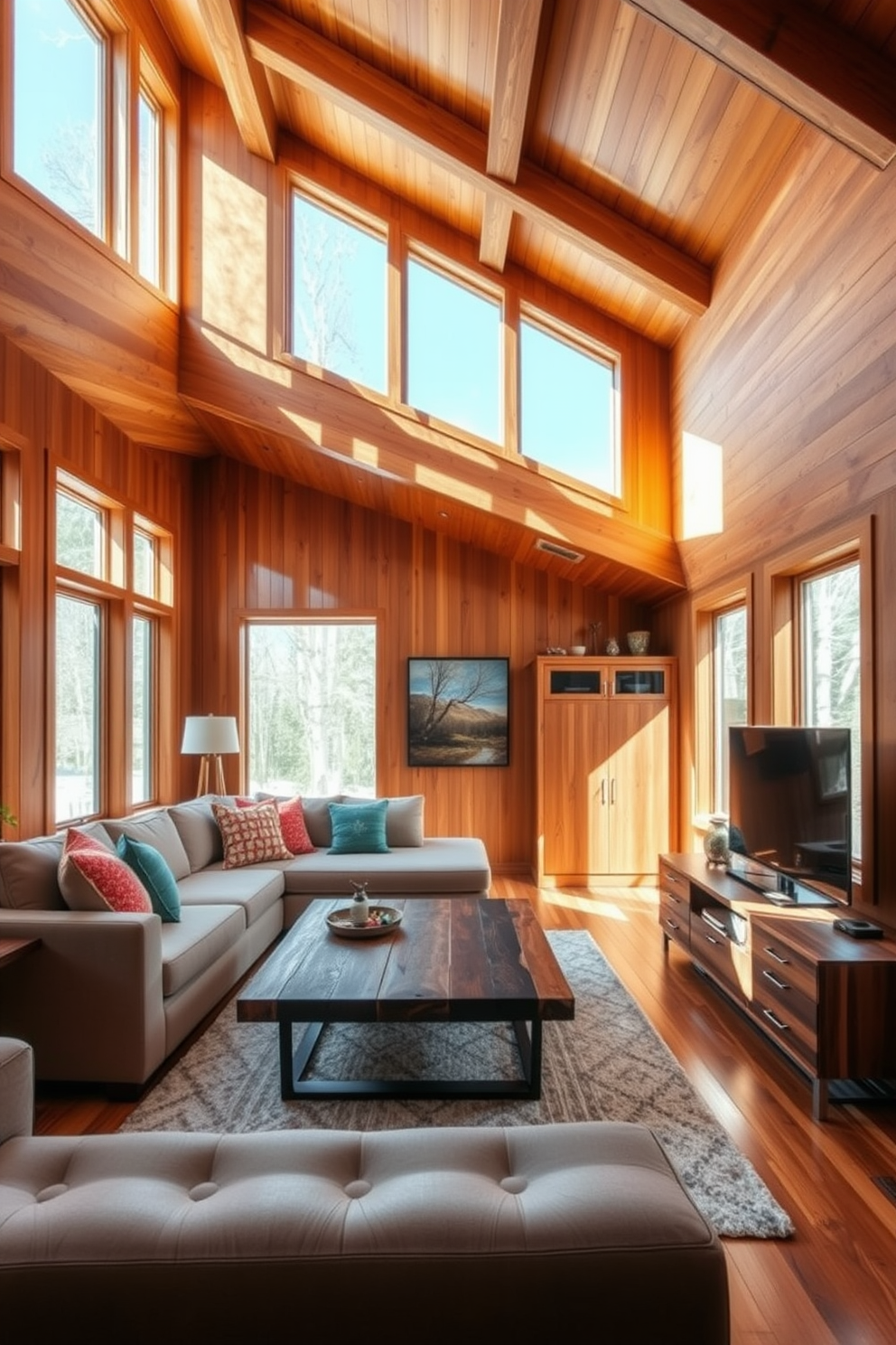 A contemporary family room that seamlessly blends vintage and modern decor elements. The space features a plush sectional sofa in a neutral tone paired with a vintage wooden coffee table that has intricate carvings. On one wall, a gallery of framed black and white photographs is displayed alongside a sleek flat-screen television mounted above a modern fireplace. A colorful area rug anchors the seating area, while mid-century modern accent chairs provide additional seating and style.