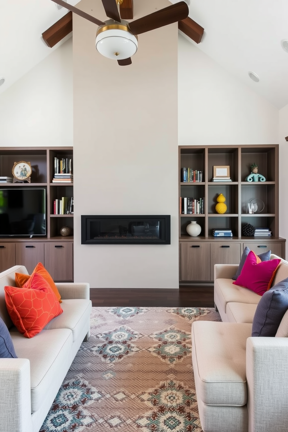 A contemporary family room featuring bold lighting fixtures as statement pieces. The room is designed with a mix of textures, including a plush sectional sofa and a sleek coffee table, all illuminated by an eye-catching chandelier.