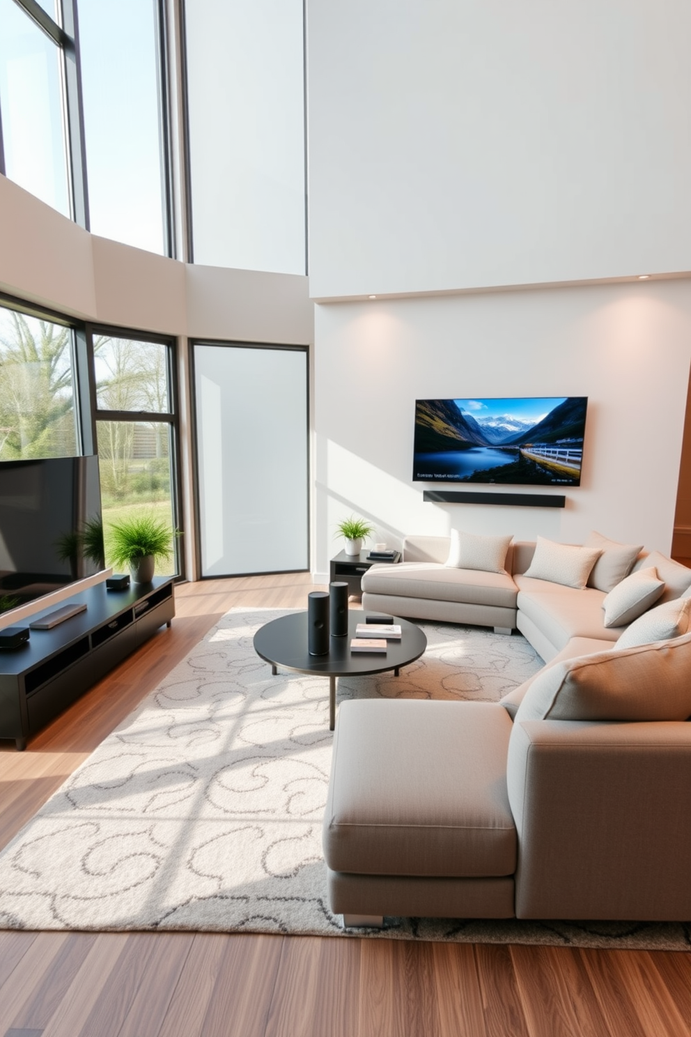 A contemporary family room featuring smart technology seamlessly integrated into the space. The room includes a large sectional sofa with a sleek design, a mounted flat-screen TV, and smart lighting that can be controlled via a mobile app. Large windows allow natural light to flood the room, enhancing the modern aesthetic. A stylish coffee table sits in the center, surrounded by smart speakers and a cozy area rug that ties the design together.