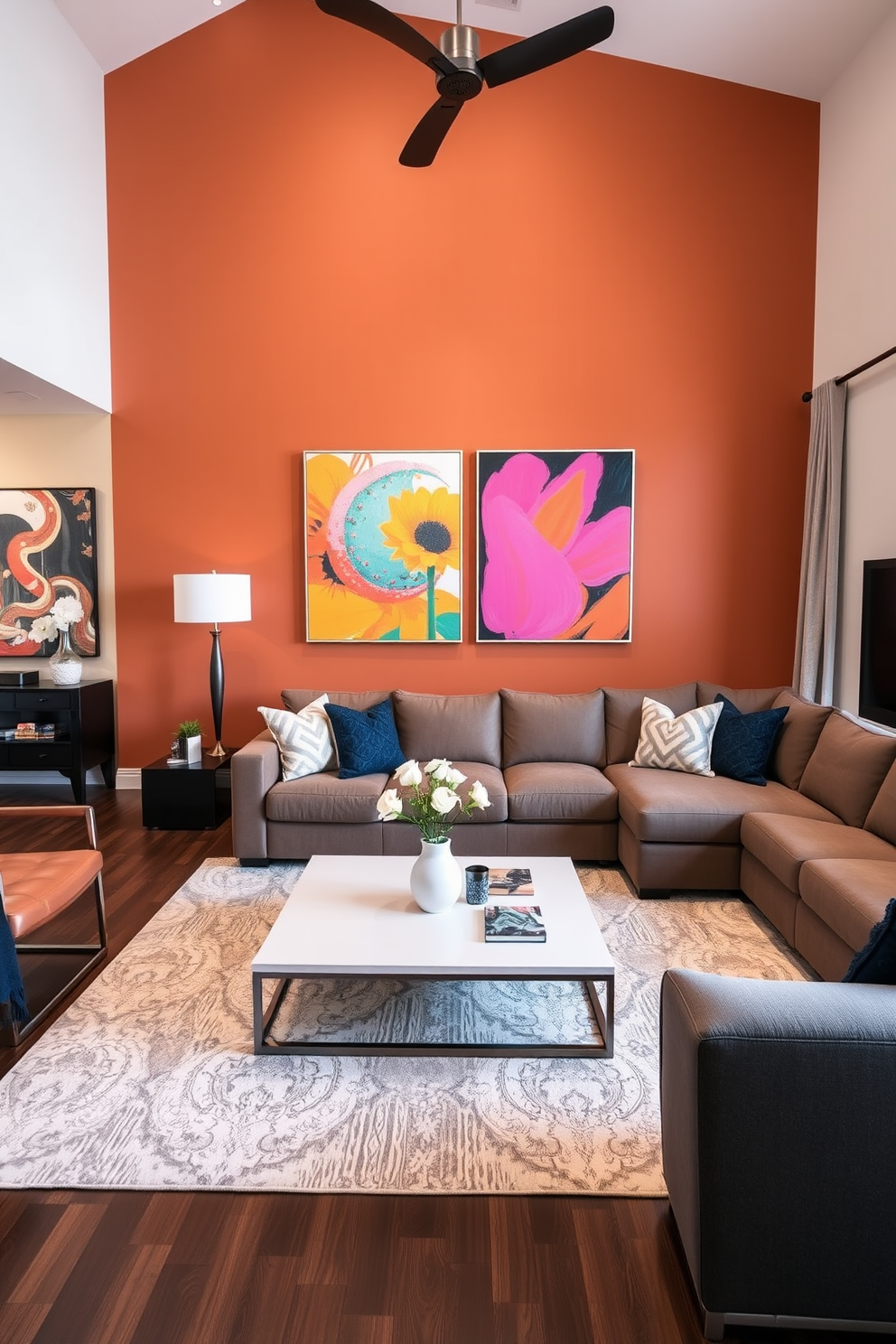 A contemporary family room filled with natural light pouring through large floor-to-ceiling windows. The space features a plush sectional sofa in a neutral tone, paired with colorful throw pillows and a sleek coffee table made of glass and metal.