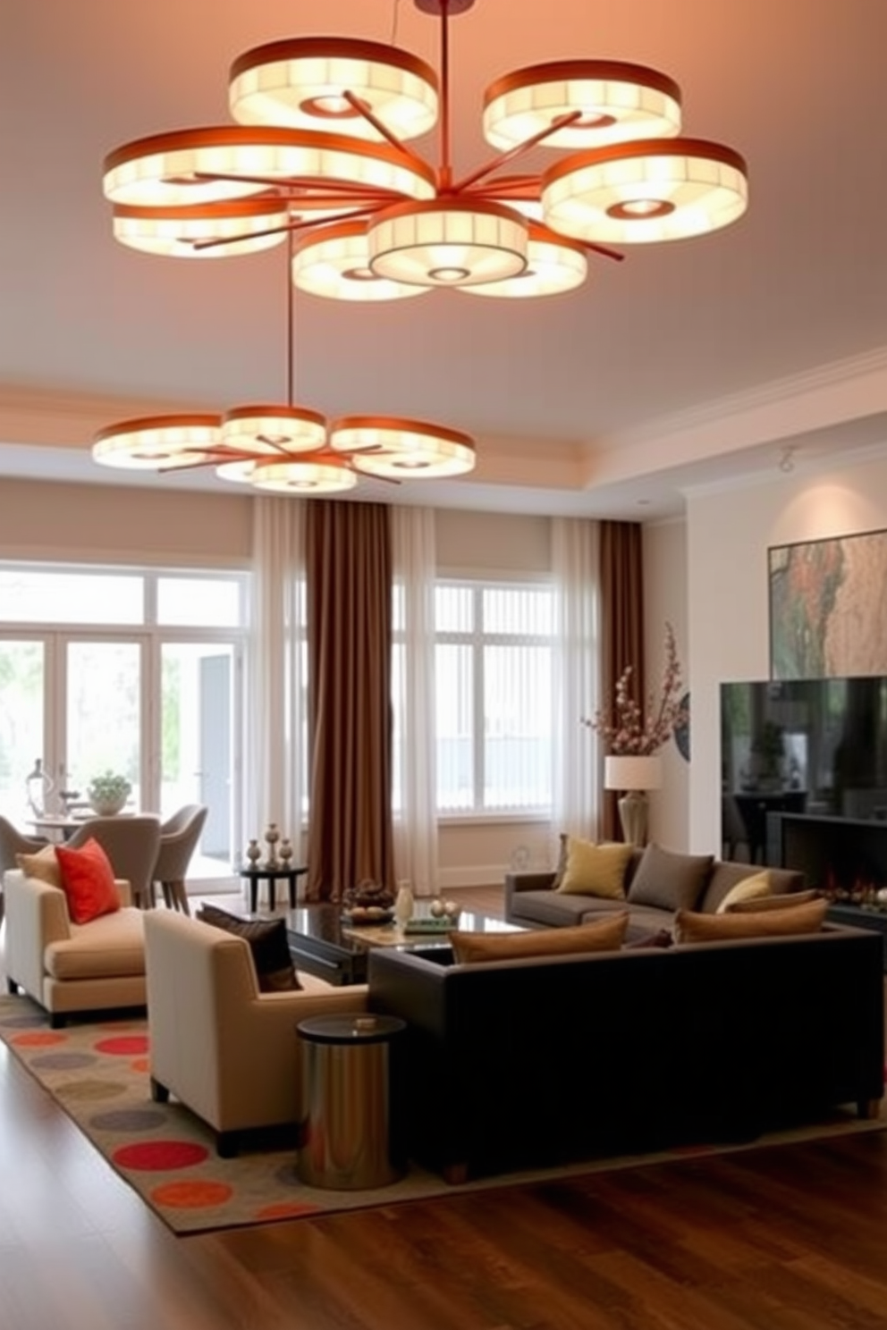 A contemporary family room features artistic light fixtures that serve as both illumination and decor. The space is designed with a blend of comfortable seating, vibrant accents, and an open layout that promotes family interaction.