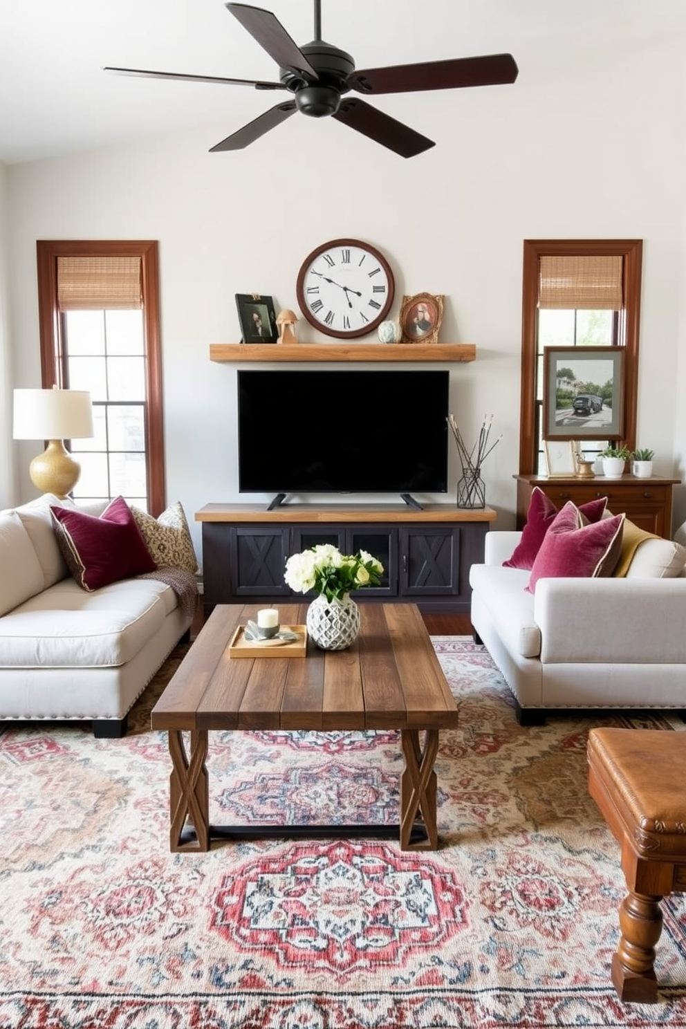 A contemporary family room featuring vintage accents that add character to the space. The room includes a plush sectional sofa in a neutral tone paired with a reclaimed wood coffee table and an antique rug that ties the design together.