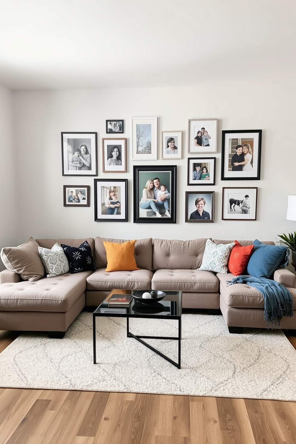 A personalized gallery wall featuring a mix of framed family photos and artwork in various sizes. The wall is painted in a soft neutral tone to enhance the visual impact of the displayed pieces. The contemporary family room is designed with a plush sectional sofa in a muted color, complemented by colorful throw pillows. A sleek coffee table sits in the center, surrounded by a stylish area rug that adds warmth to the space.