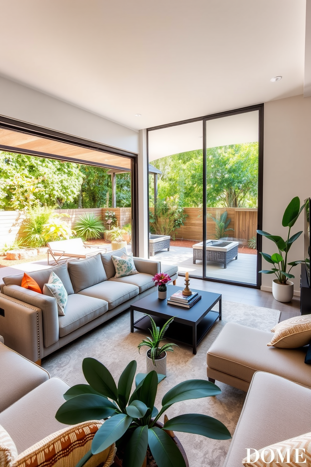 A contemporary family room features sleek floating shelves that create an open and airy atmosphere. The shelves are adorned with carefully curated decor items, blending functionality with style. The room is furnished with a large sectional sofa in a neutral color, complemented by vibrant throw pillows. A modern coffee table sits in the center, surrounded by a plush area rug that adds warmth to the space.