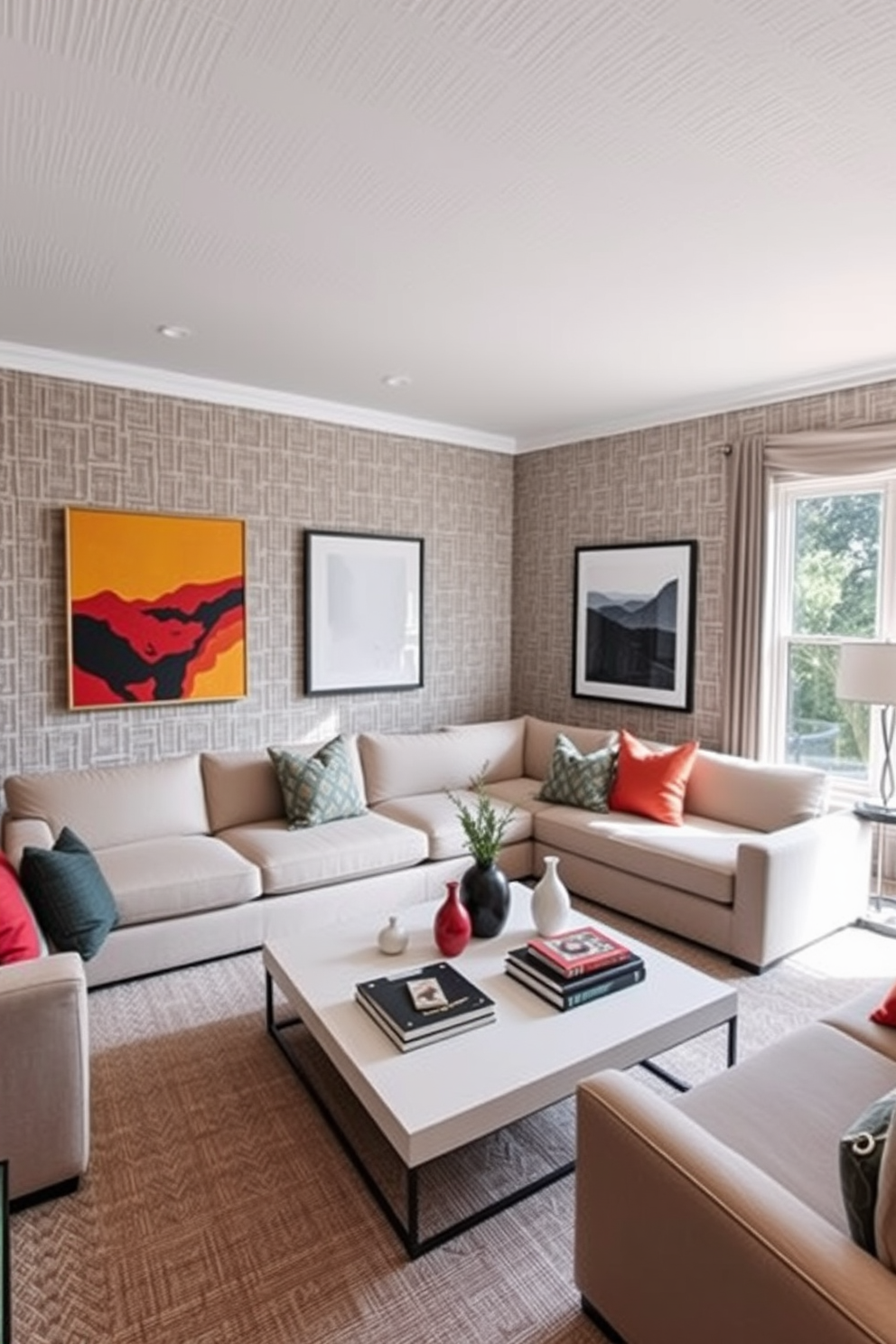 A contemporary family room that embodies comfort and style. The space features a large sectional sofa adorned with layered textiles in soft neutrals and vibrant accent pillows. A sleek coffee table sits in the center, surrounded by a plush area rug that adds warmth. Floor-to-ceiling windows allow natural light to flood the room, highlighting the modern artwork on the walls.