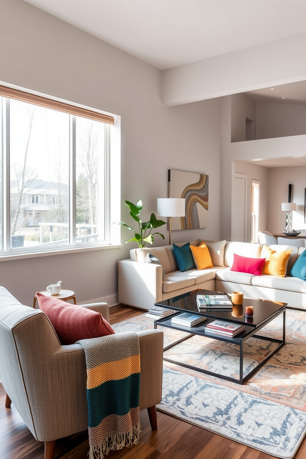 A cozy reading nook featuring a plush armchair upholstered in soft fabric, positioned next to a large window that allows natural light to flood the space. A small side table holds a stack of books and a steaming cup of tea, while a colorful throw blanket drapes over the arm of the chair. A contemporary family room designed with an open layout, showcasing a large sectional sofa in a neutral tone paired with vibrant accent pillows. A sleek coffee table sits in the center, surrounded by modern art pieces on the walls and a stylish area rug that ties the room together.