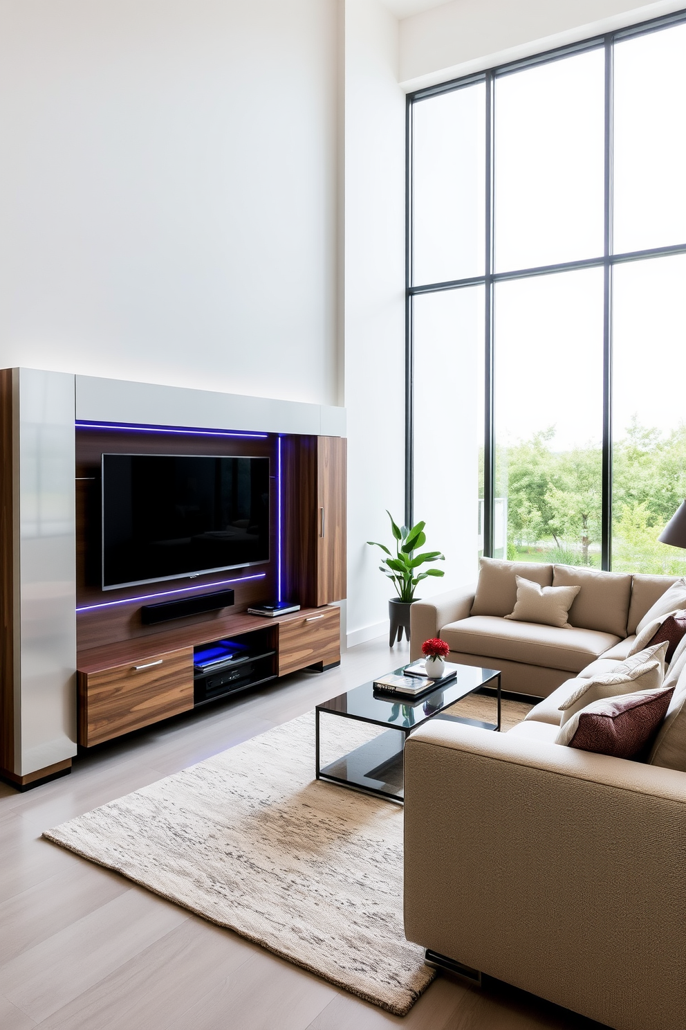 A sleek entertainment center is the focal point of the contemporary family room. It features clean lines, a combination of wood and metal finishes, and integrated LED lighting to enhance the ambiance. Surrounding the entertainment center, plush sectional sofas in neutral tones create a cozy seating area. Large windows allow natural light to flood the room, complemented by minimalist decor and a stylish area rug.