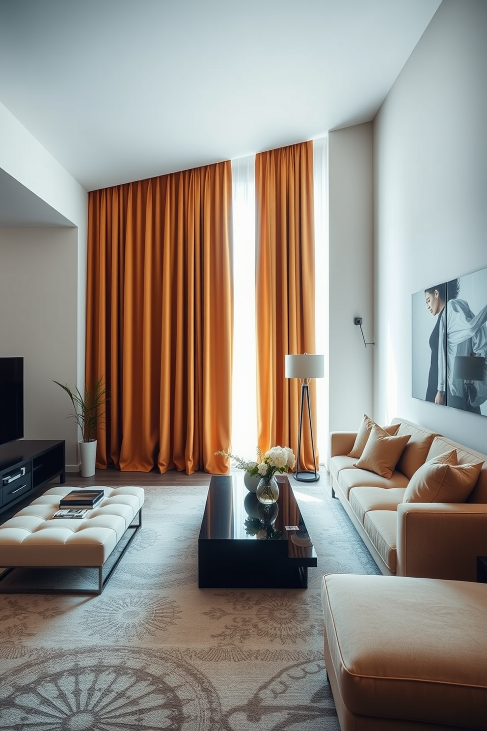 A contemporary family room featuring curved furniture that emphasizes softer lines. The seating arrangement includes a plush curved sofa in a neutral tone, complemented by a round coffee table and accent chairs with gentle contours. Large windows allow natural light to flood the space, highlighting the warm wood flooring. Decorative elements like a textured area rug and vibrant throw pillows add a cozy touch to the modern aesthetic.