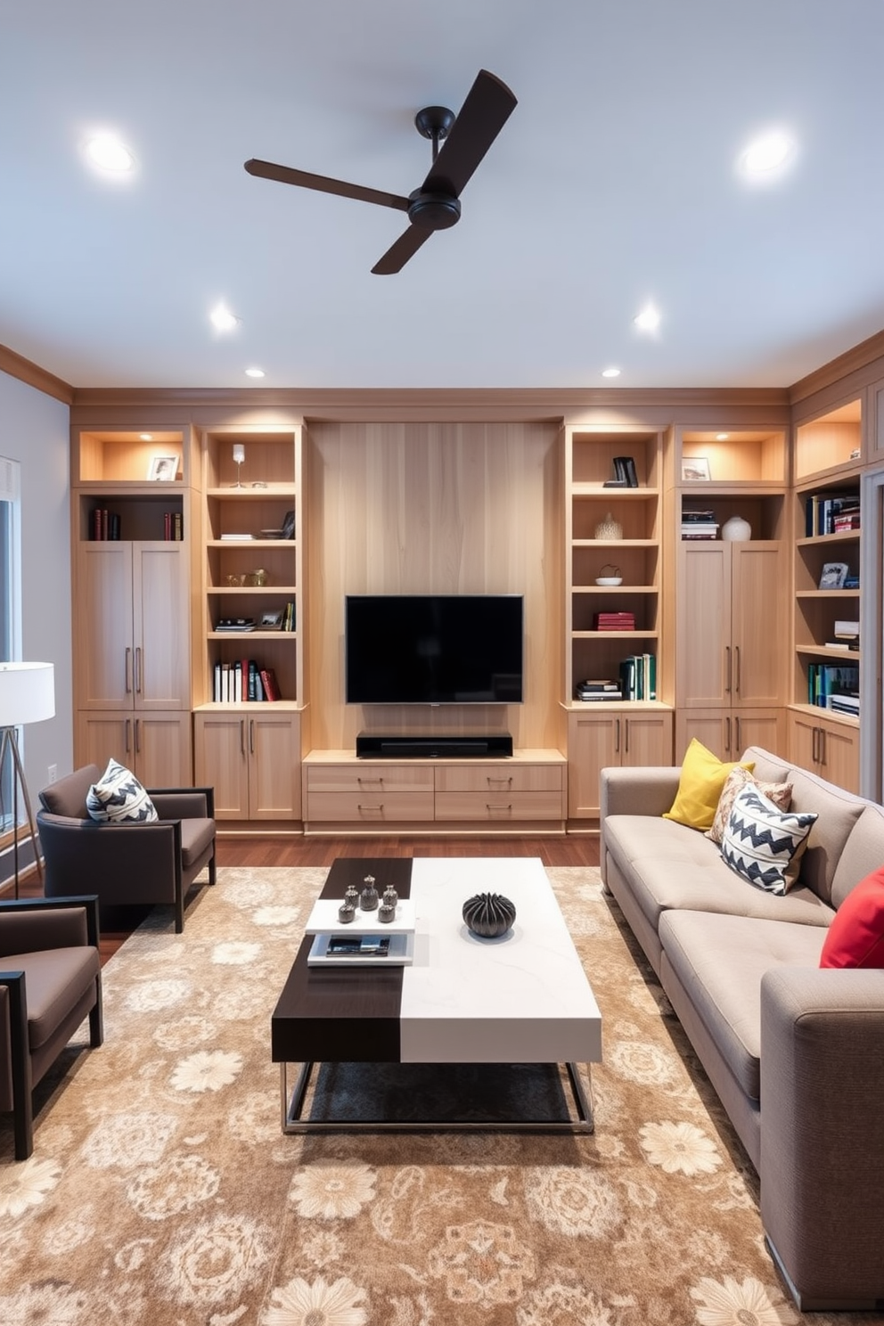 A contemporary family room featuring custom built-ins that seamlessly integrate with the overall design. The built-ins are crafted from light wood and include shelves for books and decorative items, creating a tailored and inviting atmosphere. The seating arrangement consists of a plush sectional sofa in a neutral fabric, accented by colorful throw pillows. A large area rug anchors the space, while a modern coffee table sits at the center, providing a functional and stylish focal point.