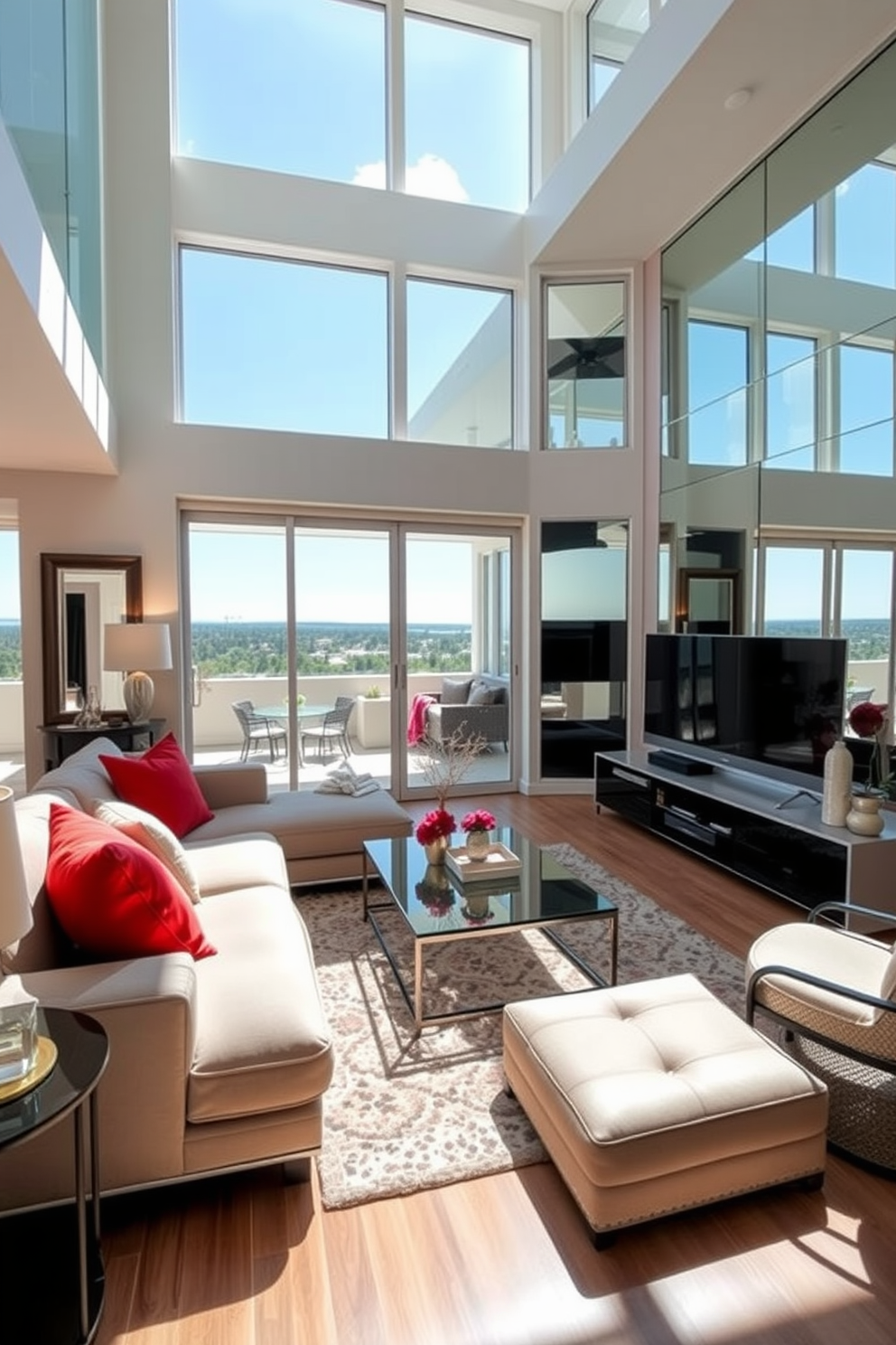 A contemporary family room designed with sustainable materials features a sectional sofa made from recycled fabrics and a reclaimed wood coffee table. Large windows allow natural light to flood the space, highlighting the bamboo flooring and potted plants that enhance the eco-friendly atmosphere.