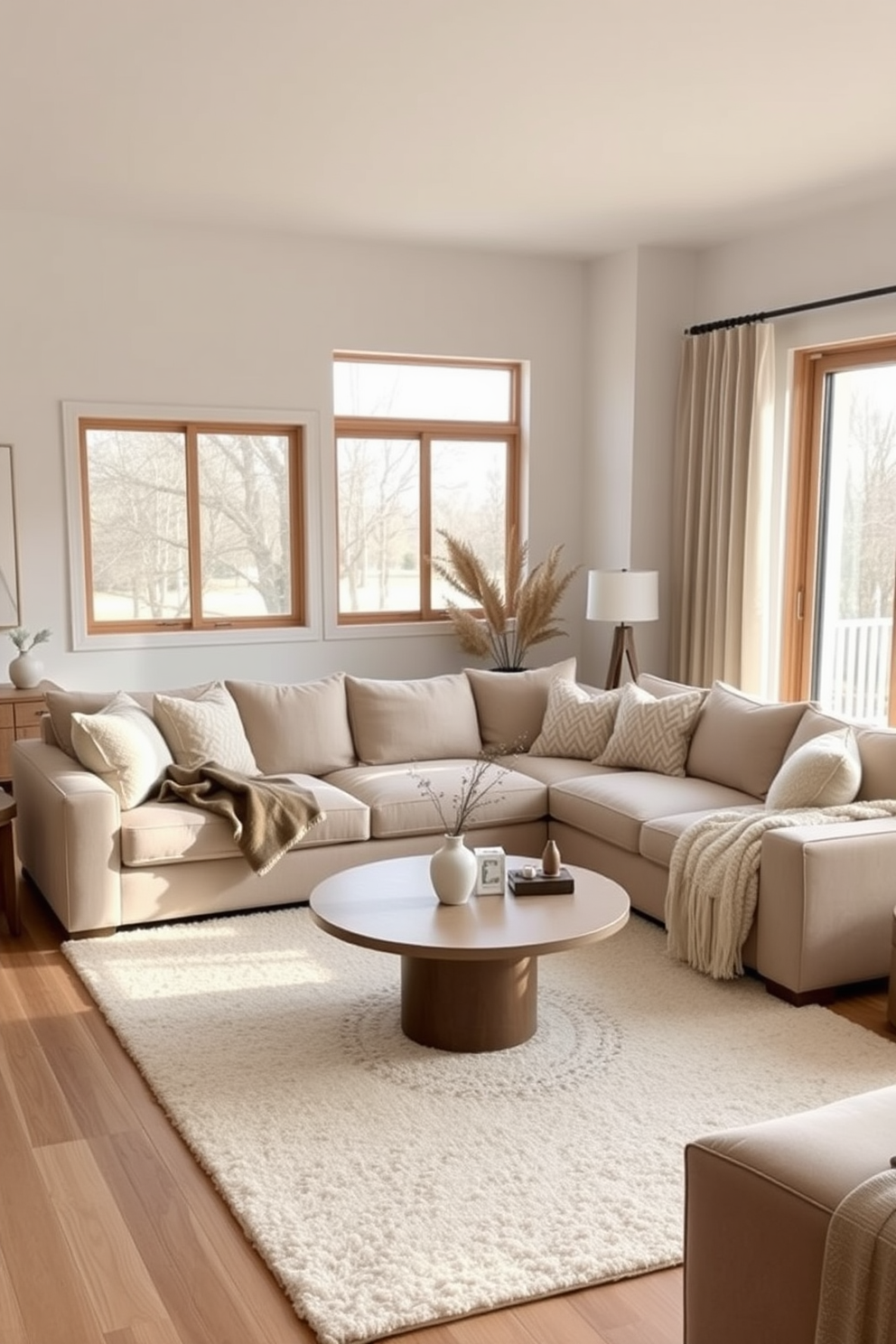 A contemporary family room featuring a neutral color palette that emphasizes texture. The space includes a plush beige sectional sofa adorned with textured throw pillows and a soft area rug that anchors the seating area. Natural light floods the room through large windows, highlighting the warm wood accents in the furniture. A minimalist coffee table sits at the center, complemented by a few carefully curated decorative items and a cozy throw blanket draped over the sofa.