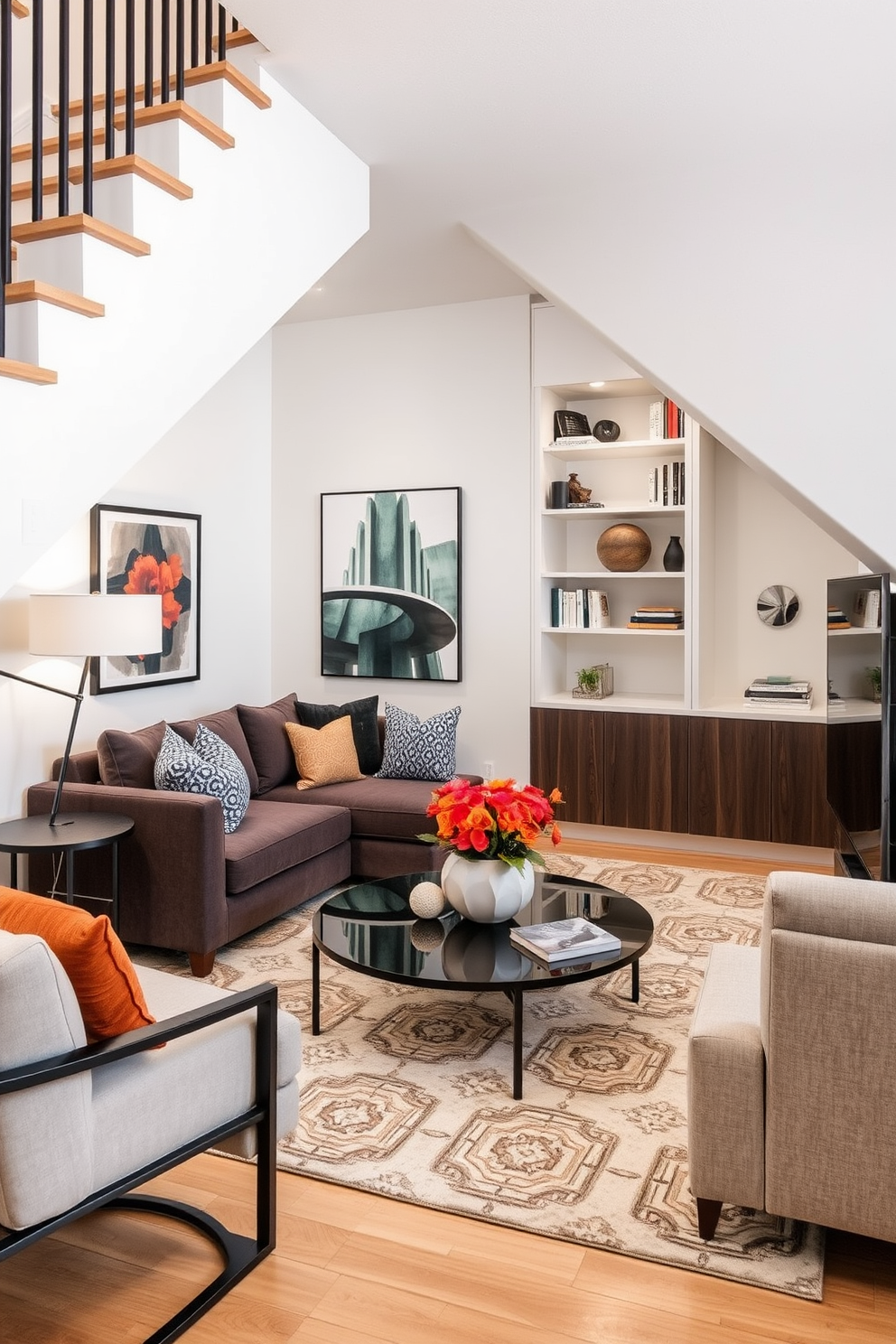 A contemporary family room designed under the stairs features a cozy seating area with a plush sectional sofa and a stylish coffee table. The walls are adorned with modern artwork, and built-in shelves display books and decorative items, maximizing the use of space.