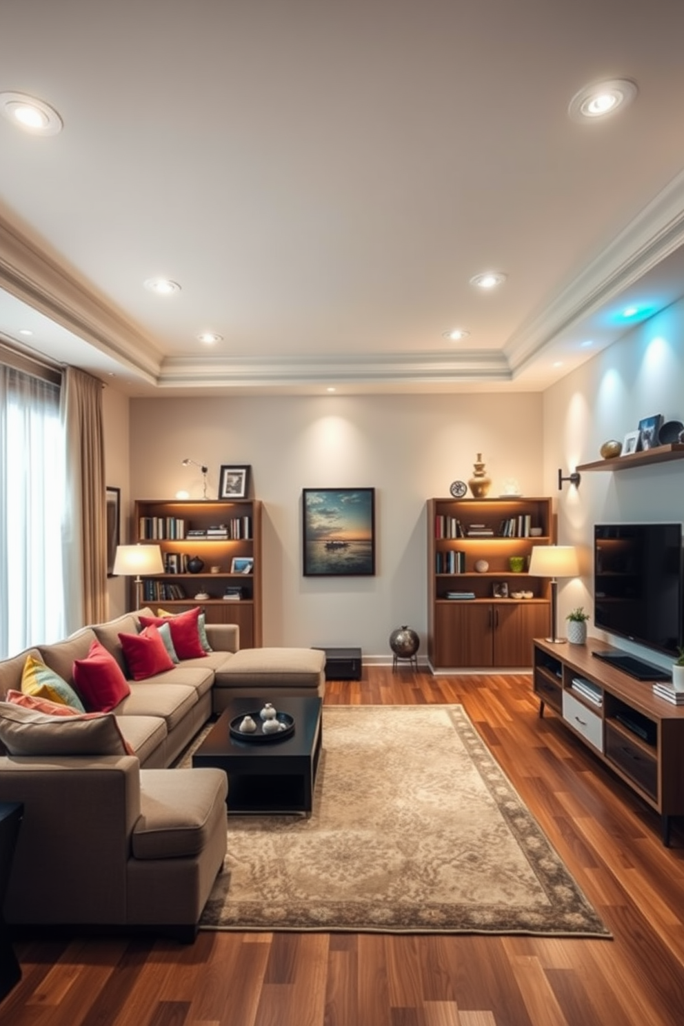 A contemporary family room featuring layered lighting that enhances both ambiance and function. The space includes a large sectional sofa in a neutral tone, complemented by colorful throw pillows and a sleek coffee table at the center. Recessed ceiling lights provide general illumination, while stylish floor lamps and wall sconces create warm pockets of light for reading and relaxation. A large area rug anchors the seating arrangement, and a media console houses a flat-screen TV, framed by decorative shelves filled with books and personal mementos.