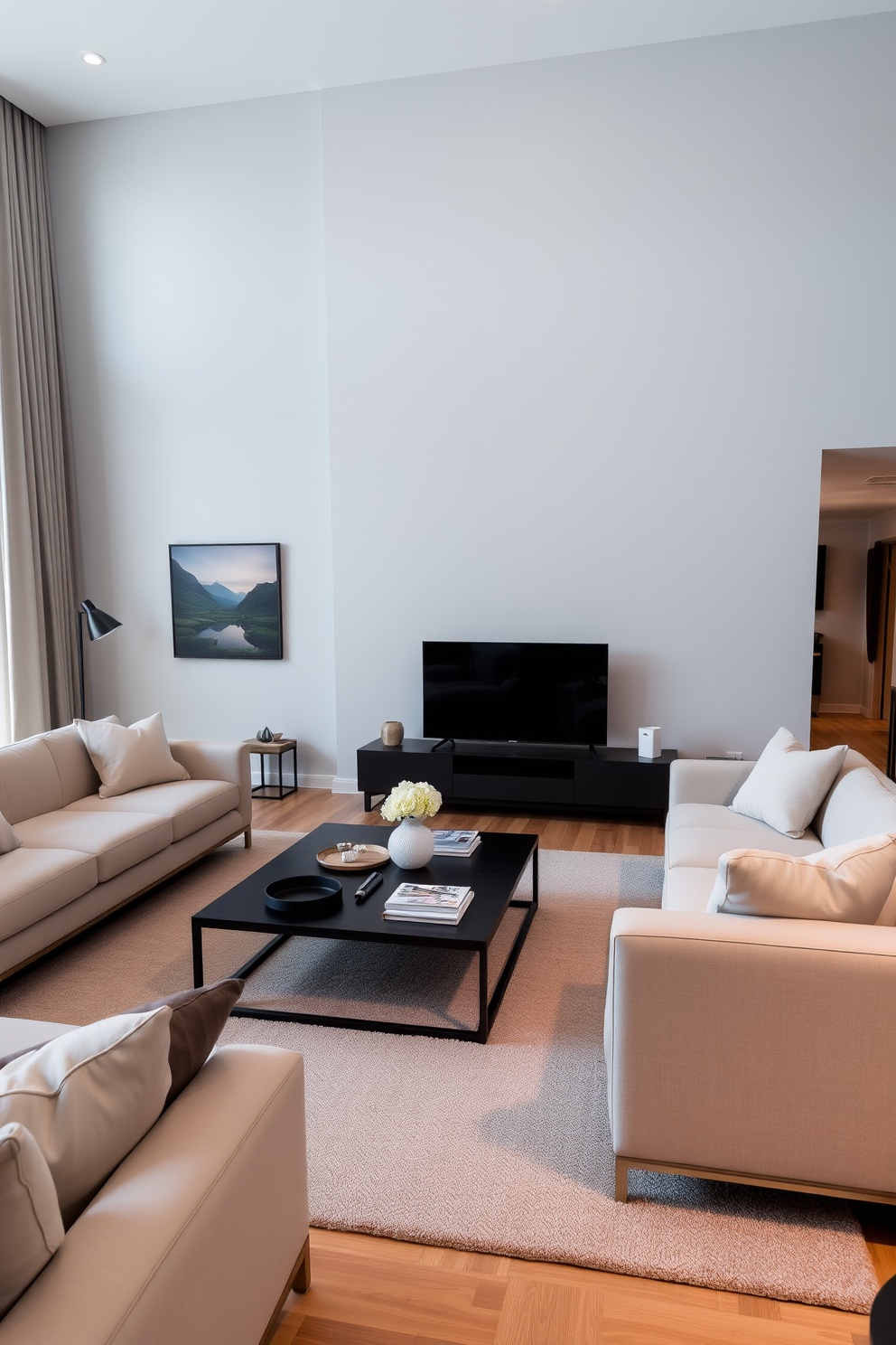 A contemporary family room featuring geometric patterns on rugs and pillows. The space is adorned with a plush sectional sofa in a neutral tone, accented by vibrant geometric throw pillows. A large area rug with bold geometric designs anchors the seating area, creating a focal point. Floor-to-ceiling windows allow natural light to flood the room, enhancing the modern aesthetic.