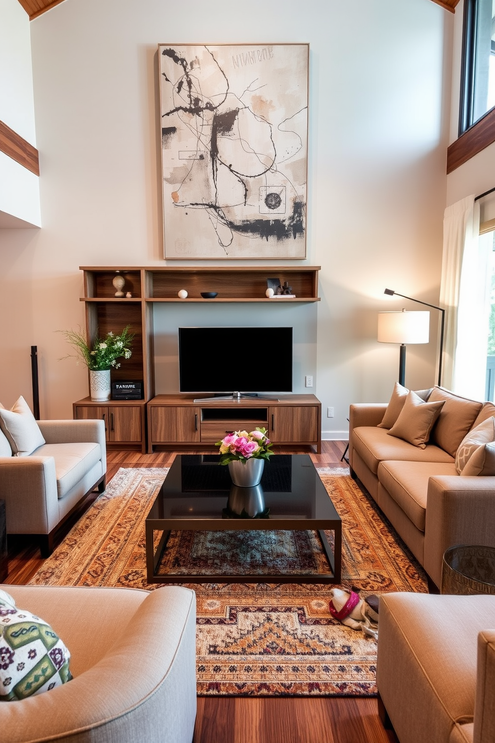 A contemporary family room featuring a blend of wood and metal elements. The focal point is a sleek metal coffee table surrounded by a plush sectional sofa upholstered in a neutral fabric. On one side, a wooden media console holds a flat-screen TV, while a large abstract artwork adorns the wall above. Soft lighting from stylish floor lamps enhances the warm ambiance, complemented by a textured area rug underfoot.