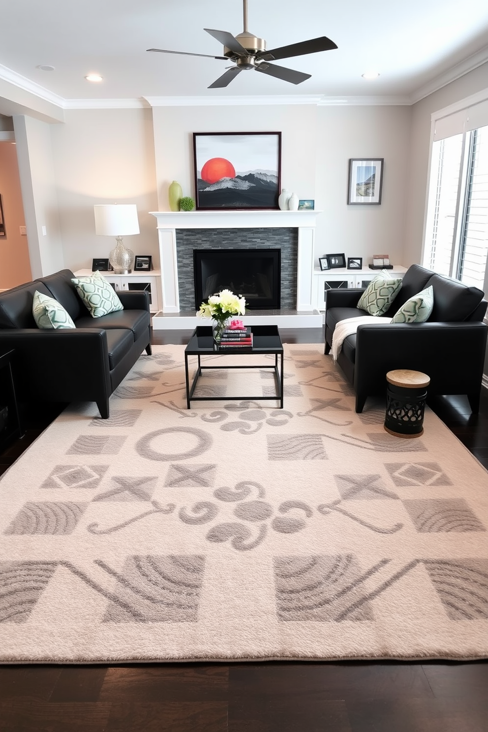 A contemporary family room features a large area rug that beautifully defines the seating area. The rug is adorned with geometric patterns, complementing the sleek furniture and vibrant accent pillows.