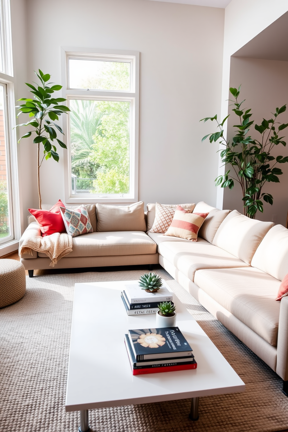 A contemporary family room featuring warm wood accents throughout the space. The room includes a large sectional sofa in a neutral fabric, complemented by a wooden coffee table and stylish accent chairs.