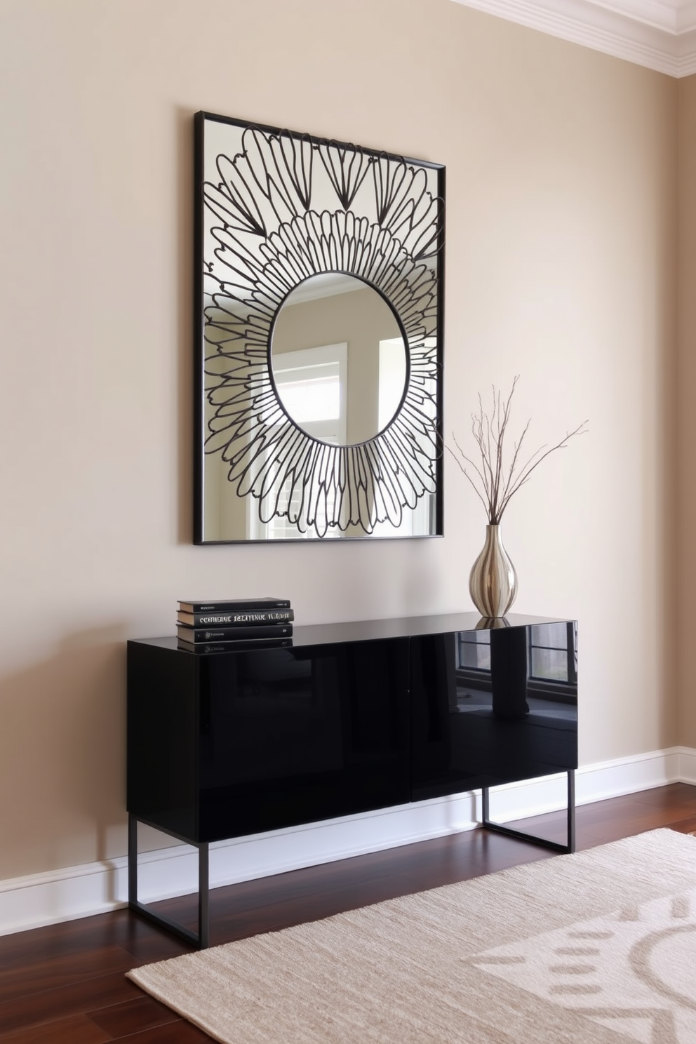 A sleek console table is positioned against the wall, featuring a glossy finish and minimalist design. Above the table, a large decorative mirror with an intricate frame reflects the light, enhancing the spaciousness of the foyer. The walls are painted in a soft beige tone, creating a warm and inviting atmosphere. A stylish area rug in neutral colors lies beneath the console, adding texture and comfort to the entryway.