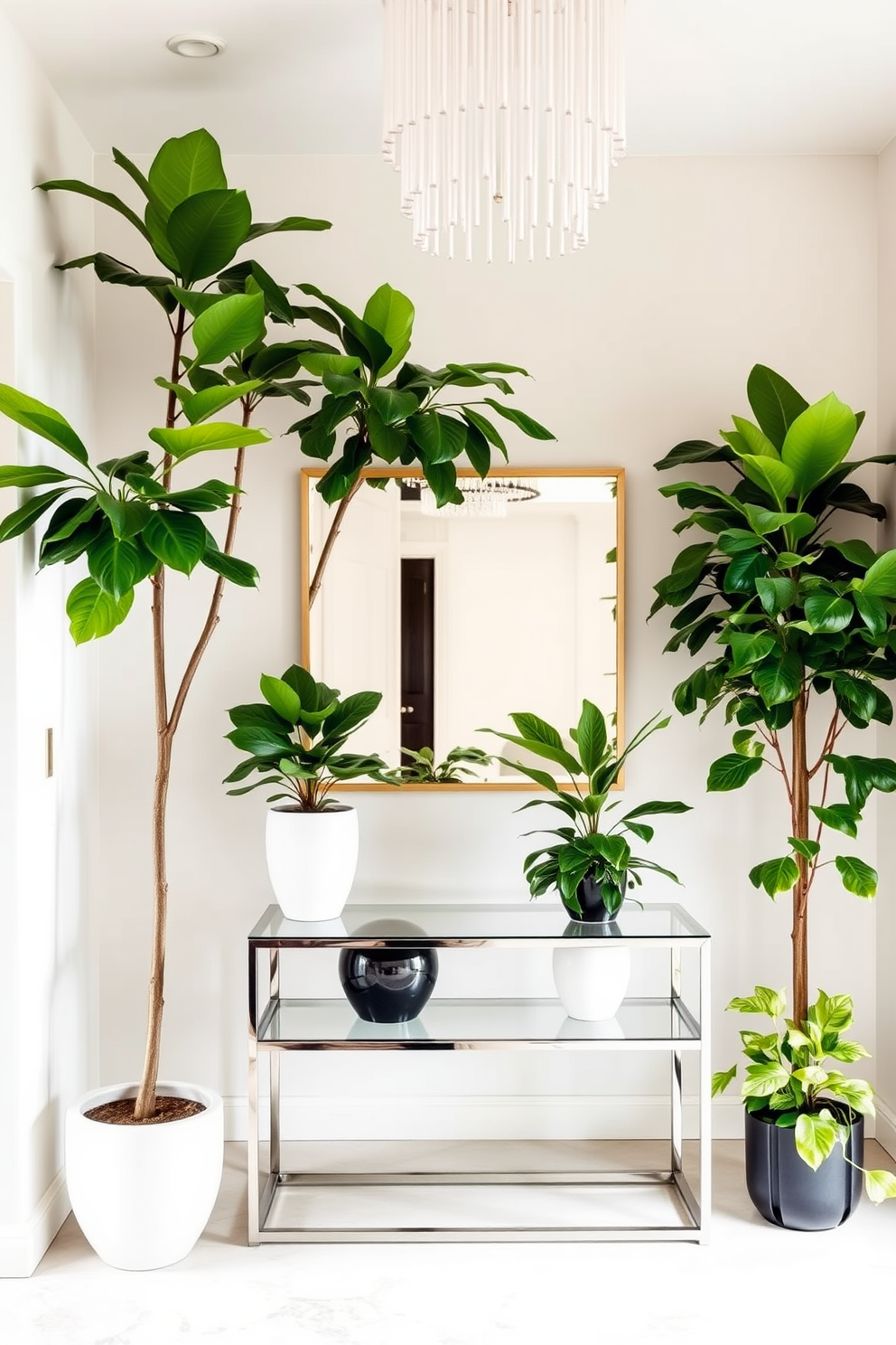 A contemporary foyer with a sleek console table made of glass and metal. Lush indoor plants in elegant pots are strategically placed to create a fresh and inviting atmosphere. The walls are painted in a soft neutral color, enhancing the brightness of the space. A statement light fixture hangs above, illuminating the area and highlighting the greenery.