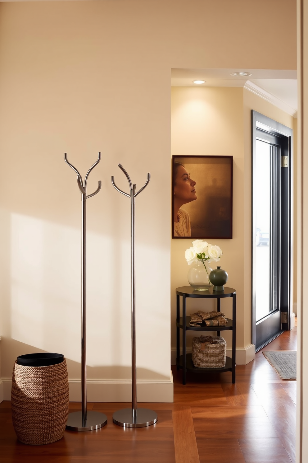 A stylish coat rack stands elegantly near the entrance, crafted from sleek metal with a minimalist design. The foyer features a warm color palette with soft lighting that highlights the modern decor elements.