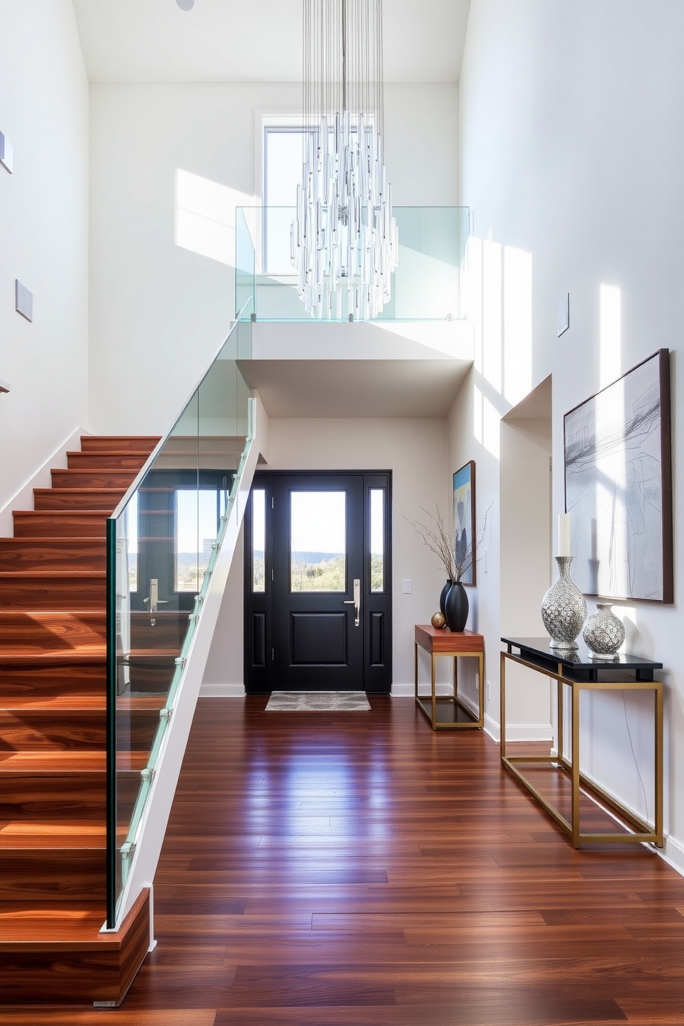 A modern staircase featuring a sleek glass railing that allows light to flow freely through the space. The steps are made of rich hardwood, creating a warm contrast against the minimalist design. A contemporary foyer that welcomes guests with a statement chandelier hanging from a high ceiling. The walls are adorned with abstract art, and a stylish console table is placed against one side, topped with decorative accents.