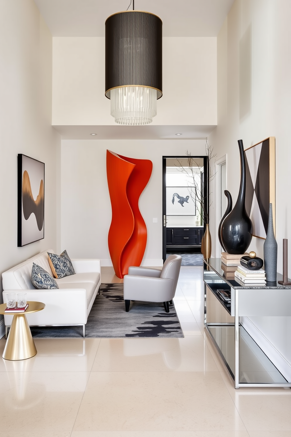 A contemporary foyer featuring unique sculptures that enhance the space. The entrance showcases a large abstract sculpture in a bold color, complemented by sleek, modern furniture and a statement lighting fixture above. The walls are adorned with minimalist artwork that adds character to the area. A stylish console table sits against one wall, topped with decorative items that reflect the homeowner's personality.