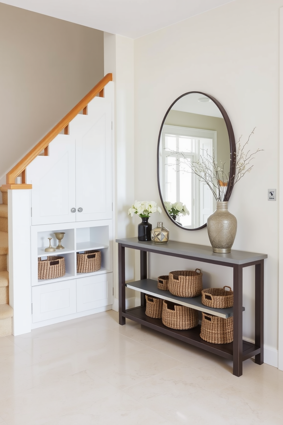 Functional storage solutions beneath stairs. A sleek built-in cabinet with multiple compartments provides organized storage, while decorative baskets add texture and warmth. Contemporary foyer design ideas. A spacious entryway features a minimalist console table with geometric lines, paired with a large statement mirror that reflects natural light.