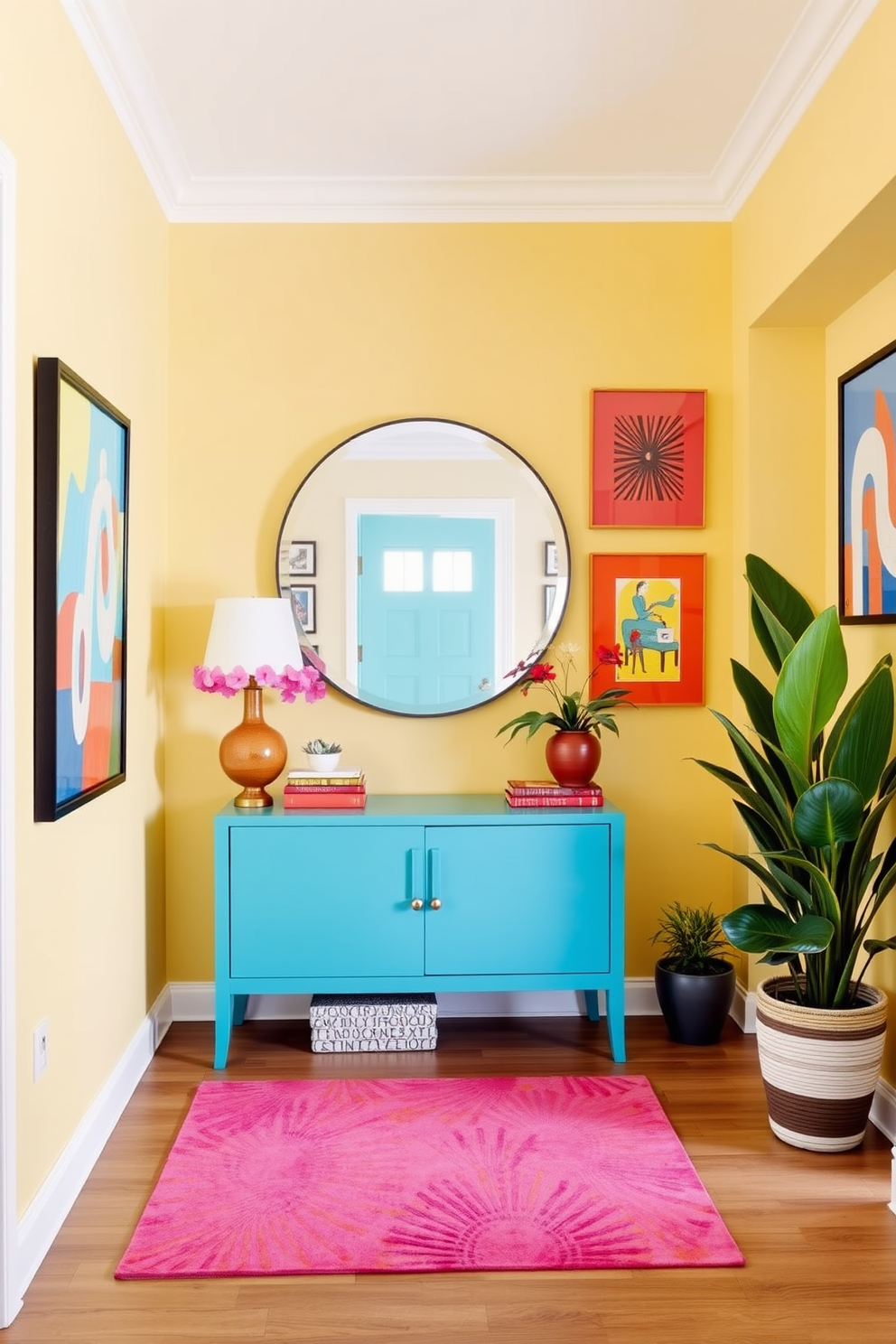 A contemporary foyer filled with bright colors creates a cheerful atmosphere. The walls are painted in a vibrant yellow, complemented by a bold turquoise console table that holds a large round mirror. Brightly colored artwork adorns the walls, adding personality and warmth to the space. A stylish area rug in a mix of pink and orange hues anchors the room, while potted plants bring a touch of nature indoors.