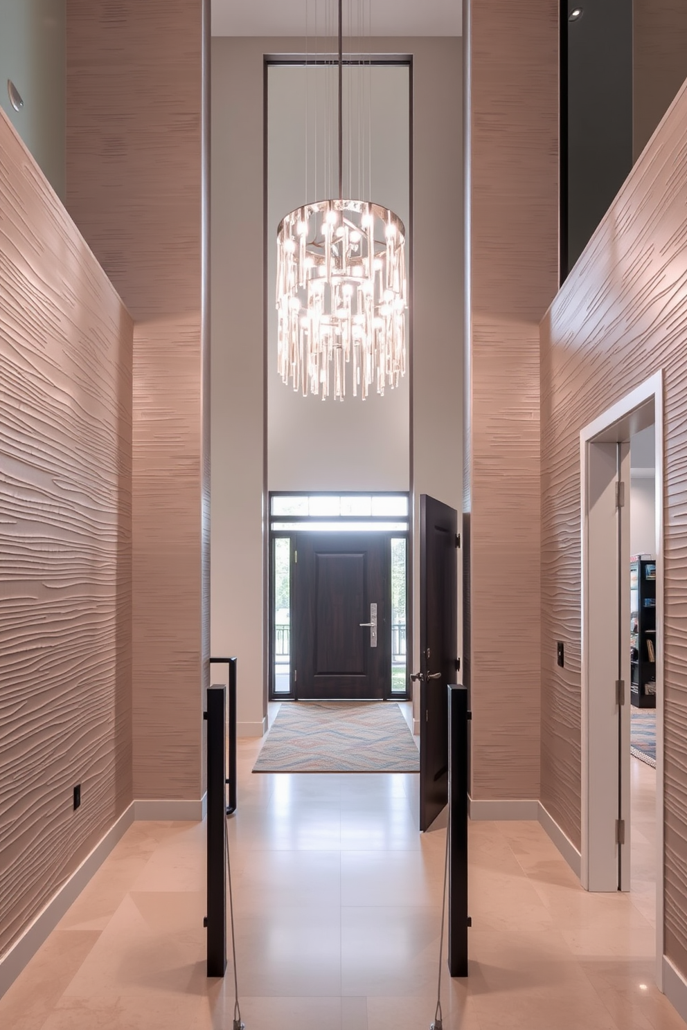 A contemporary foyer featuring textured wall panels that add depth and sophistication. The space is illuminated by a modern chandelier hanging from a high ceiling, creating a welcoming atmosphere.