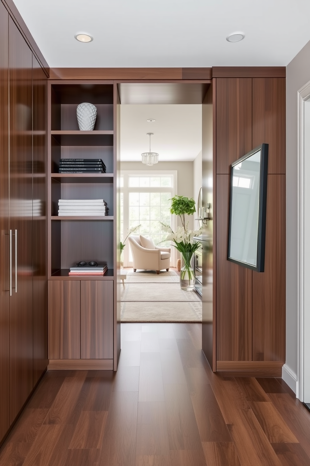 Custom cabinetry for personalized storage. The cabinetry features sleek lines and a mix of open and closed shelving, allowing for both display and organization. Contemporary foyer design ideas. The foyer is bright and welcoming, with a statement console table and a large mirror that reflects natural light.