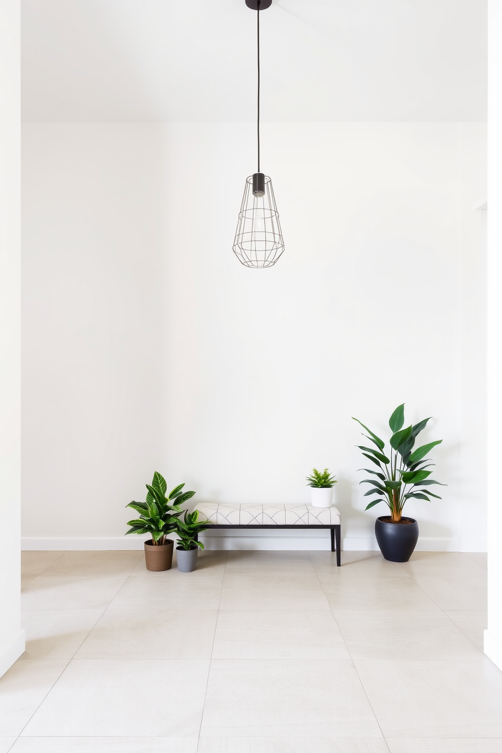 A minimalist entryway featuring sleek furniture and a neutral color palette. The space includes a modern console table with clean lines, topped with a simple decorative bowl, and a stylish coat rack against the wall. Natural light floods in through a large window, highlighting the polished wooden floor. A few potted plants add a touch of greenery, creating a welcoming atmosphere.