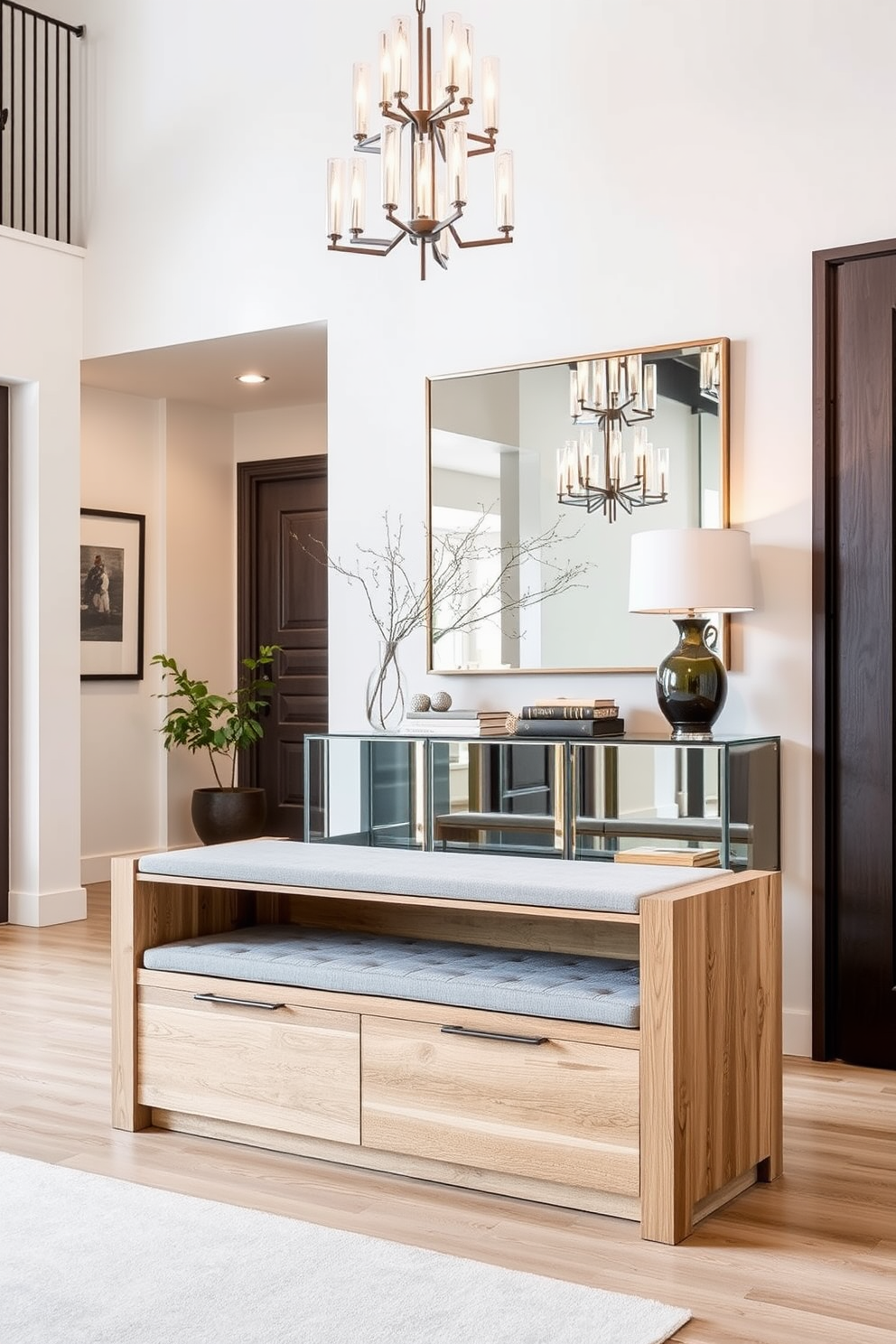 A contemporary bench with hidden storage features a sleek design crafted from light oak wood. The bench has a cushioned top upholstered in a soft gray fabric, providing both comfort and functionality for the entryway. The foyer showcases a modern aesthetic with high ceilings and an open layout. A statement chandelier hangs above, illuminating a stylish console table adorned with decorative items and a large mirror that enhances the sense of space.